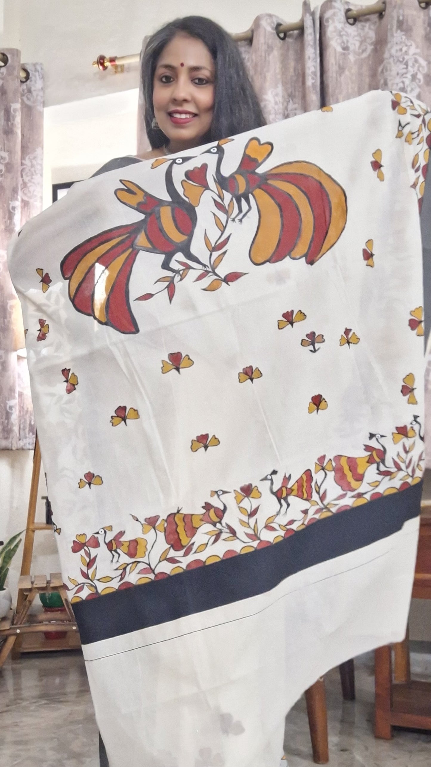 Sohrai Hand Painted Kerala Cotton Saree – Earthsong Birds on Off White