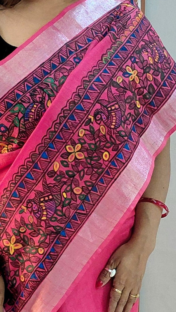 Soft Pink Linen Madhubani Saree | Rangika Studio