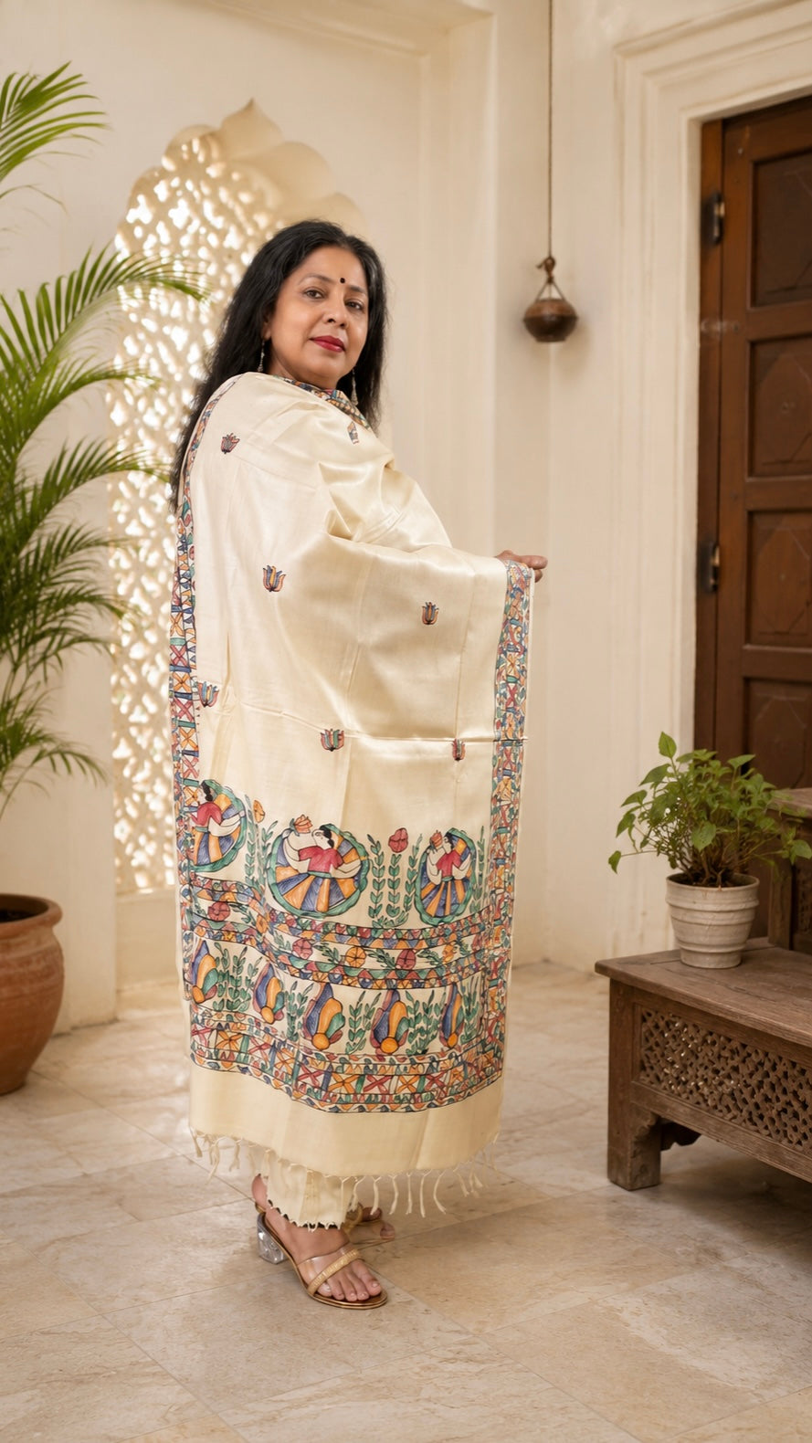 Natural Ivory Pure Tussar Silk Hand-Painted Madhubani Dupatta