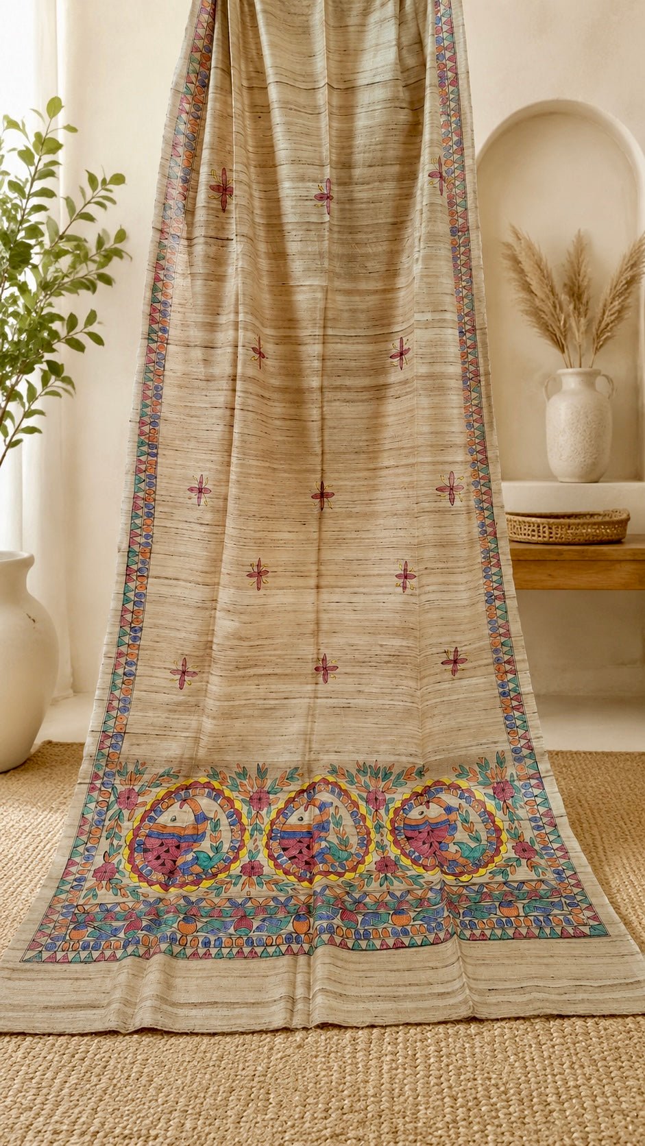 Natural Ghicha Tussar Silk Hand-Painted Madhubani Dupatta