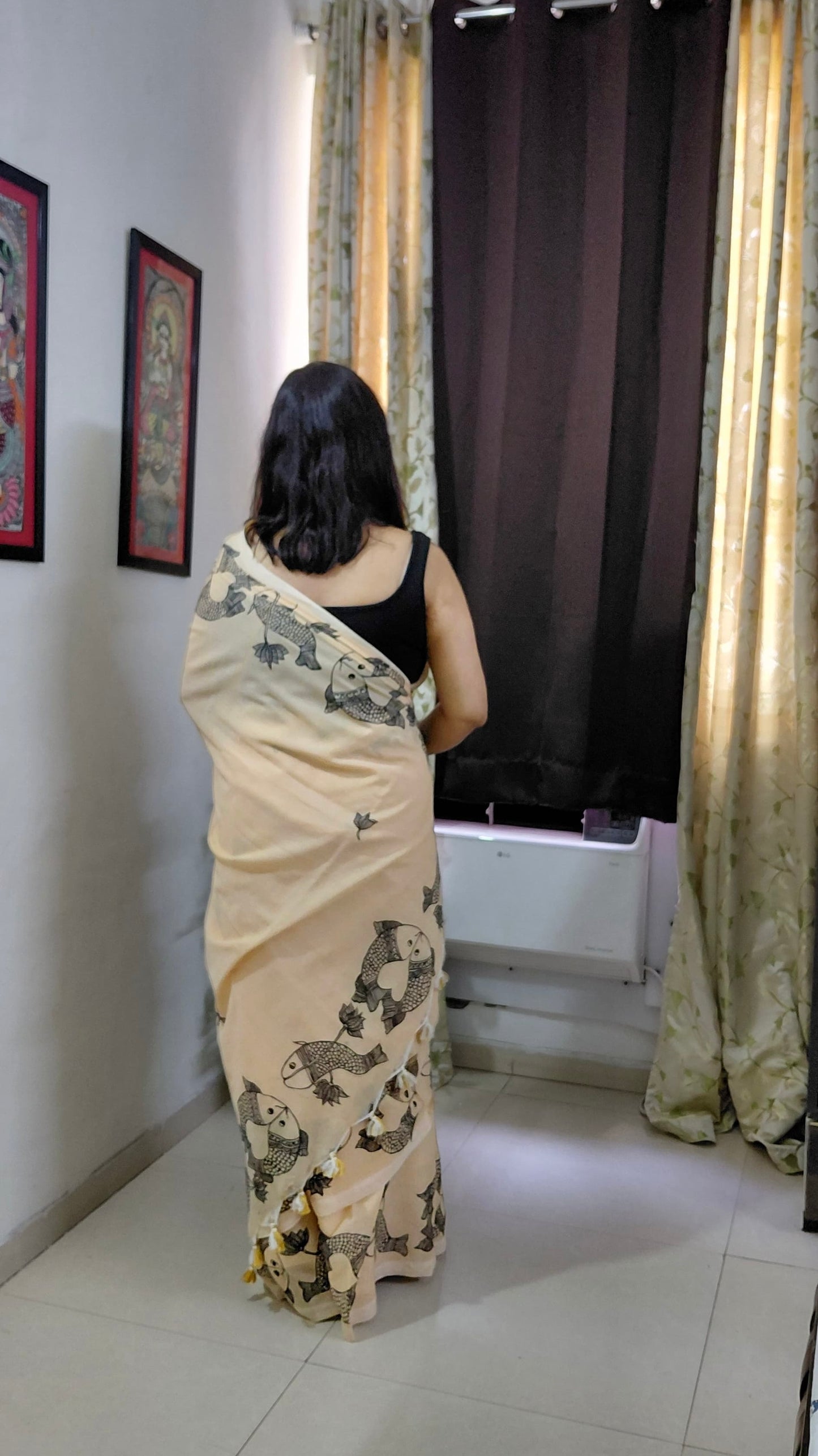 Natural Ivory Khadi Cotton Madhubani Hand-Painted Saree – Matsya Motif