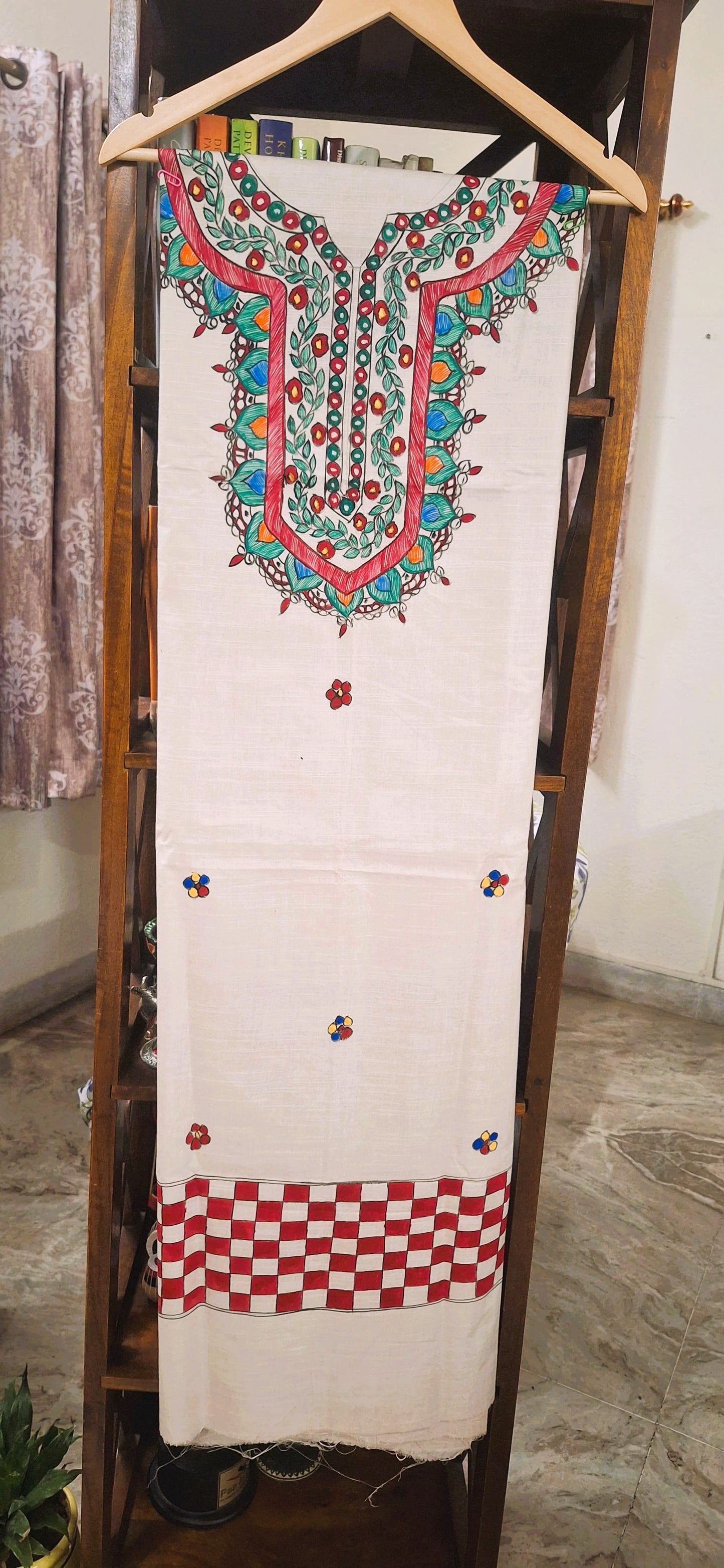 Hand-Painted Madhubani Cotton Suit Set – Ivory White & Red | 3-Piece Unstitched