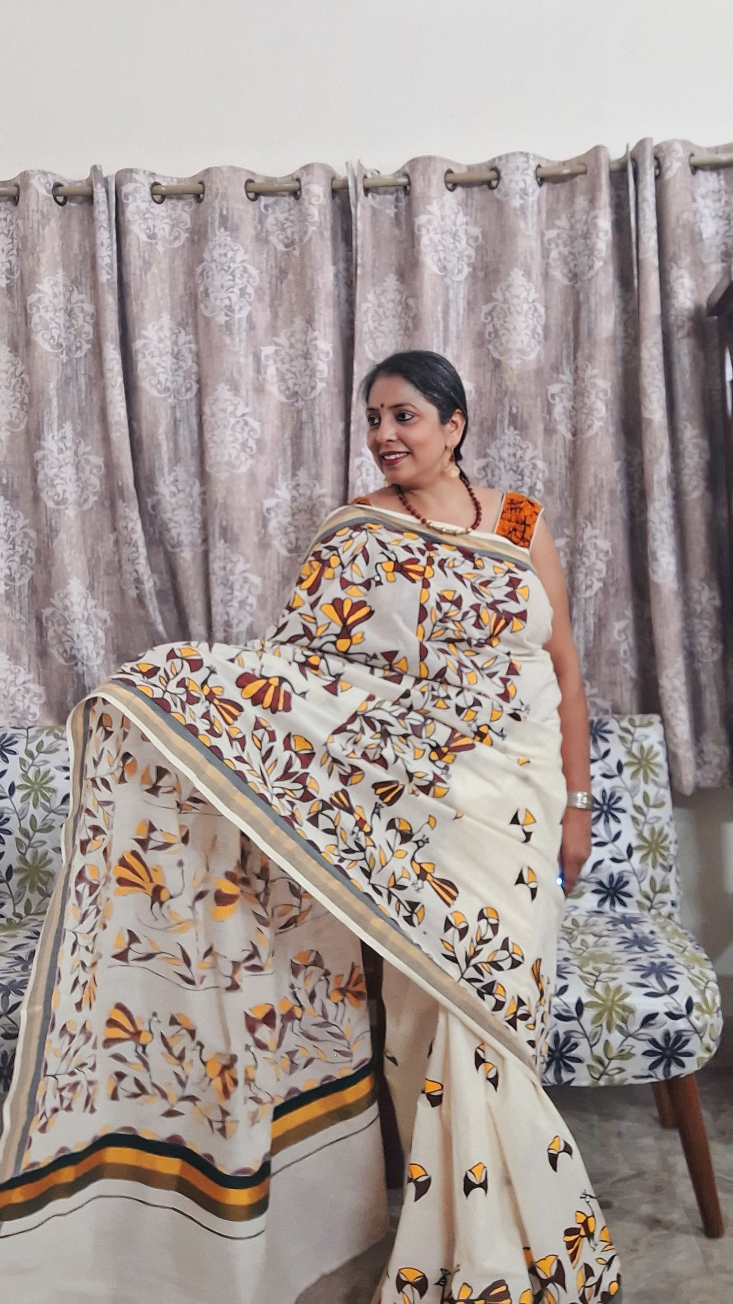 Hand Painted Sohrai Art Kerala Cotton Saree in Off White