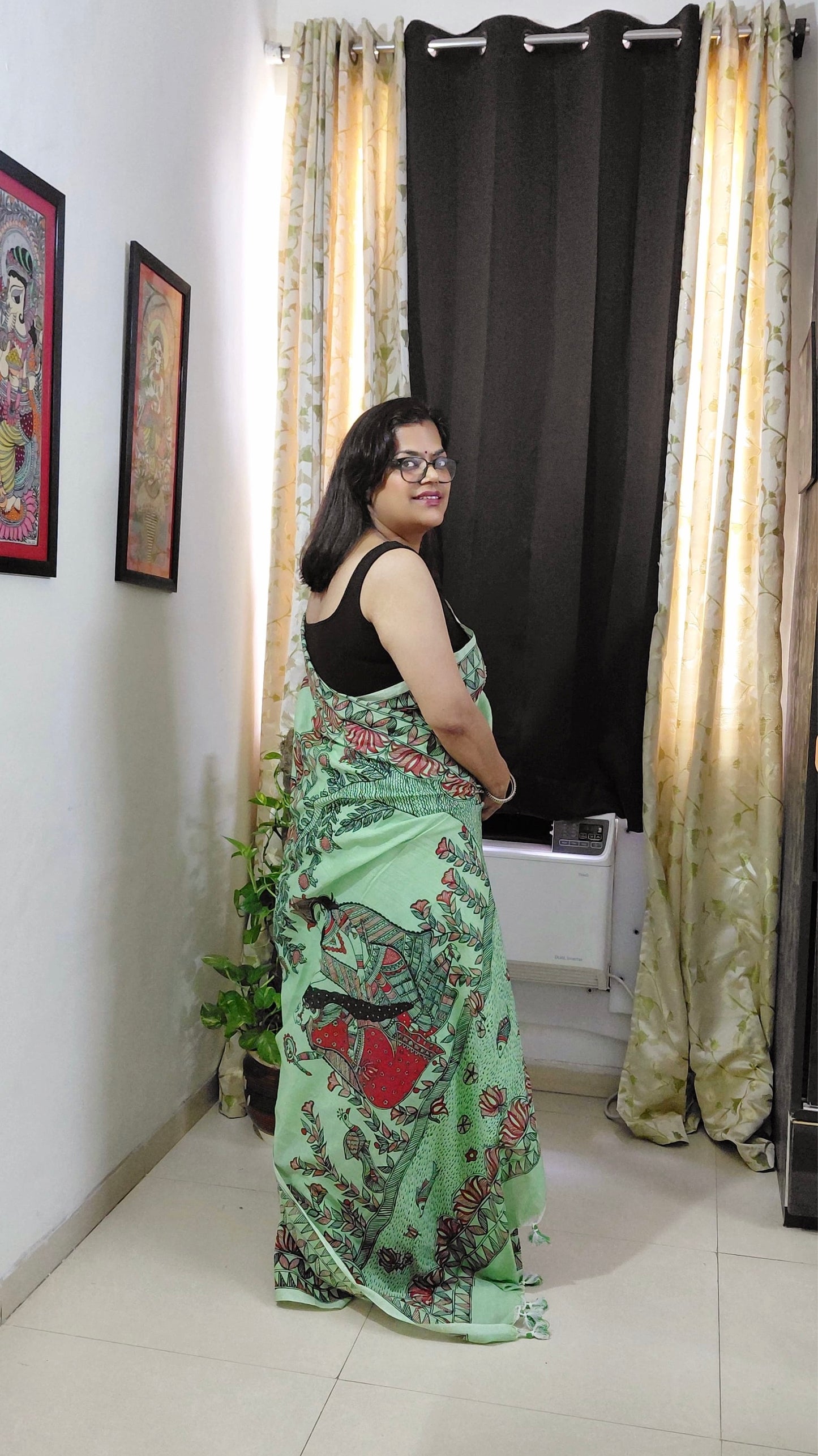 Mint Green Khadi Cotton Madhubani Hand-Painted Saree – Radha Krishna Garden