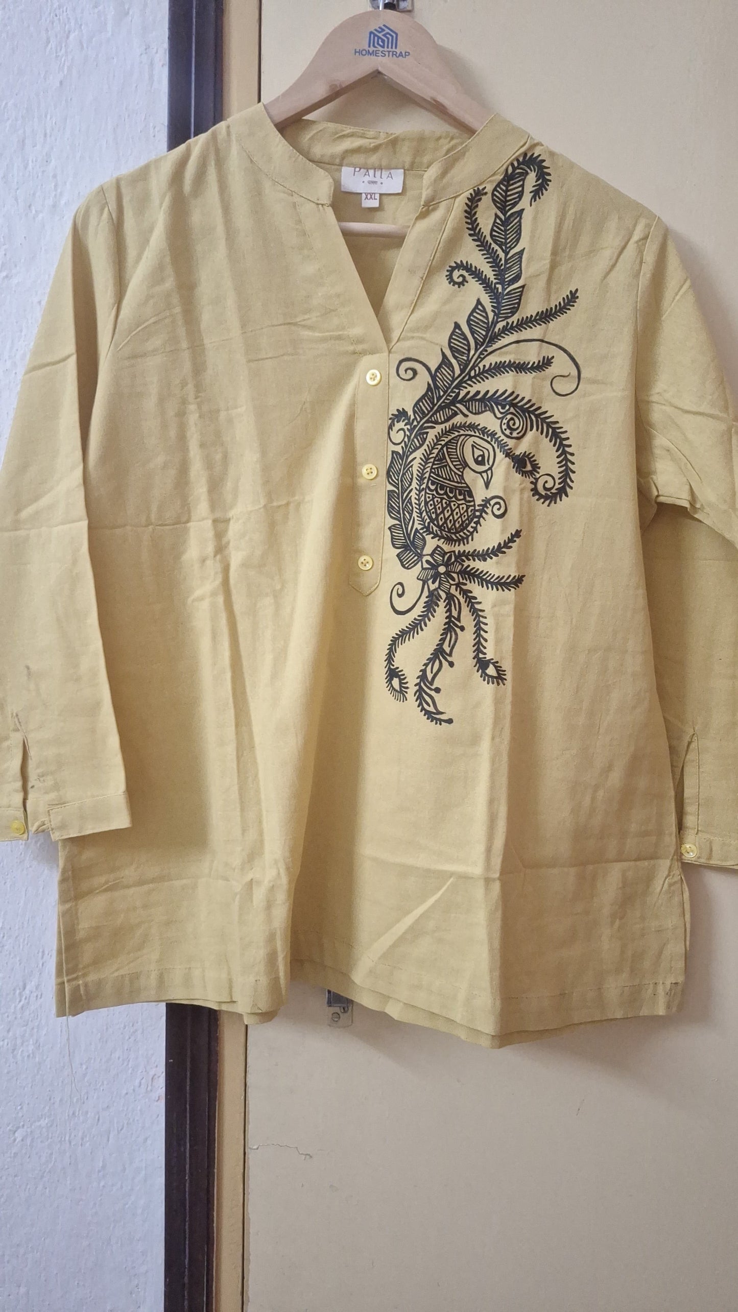 Butter Yellow Pure Cotton Hand-Painted Madhubani Nature Motif Short Kurta