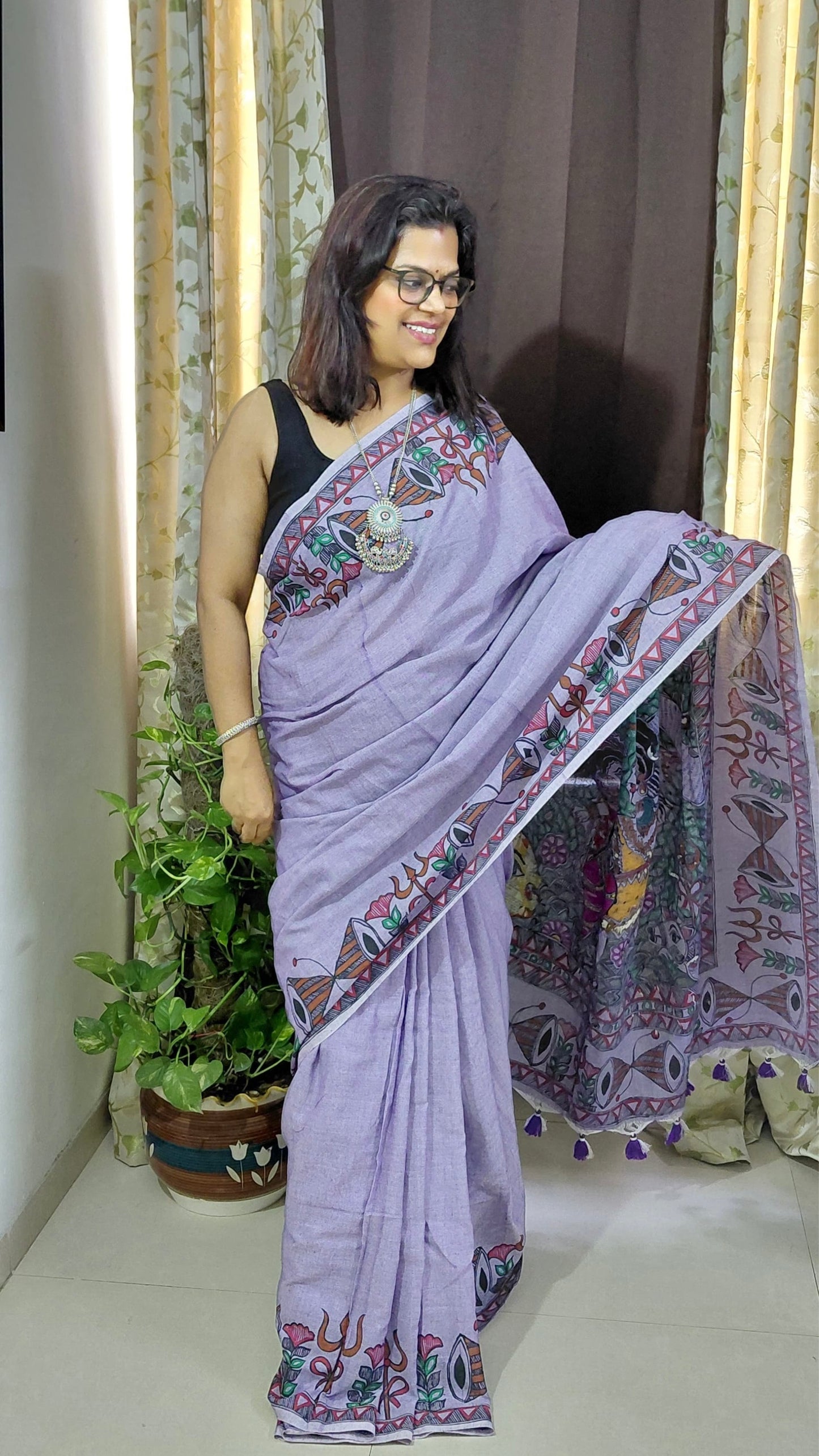 Lavender Mist Khadi Cotton Madhubani Hand-Painted Saree – Shiv Parvati Theme