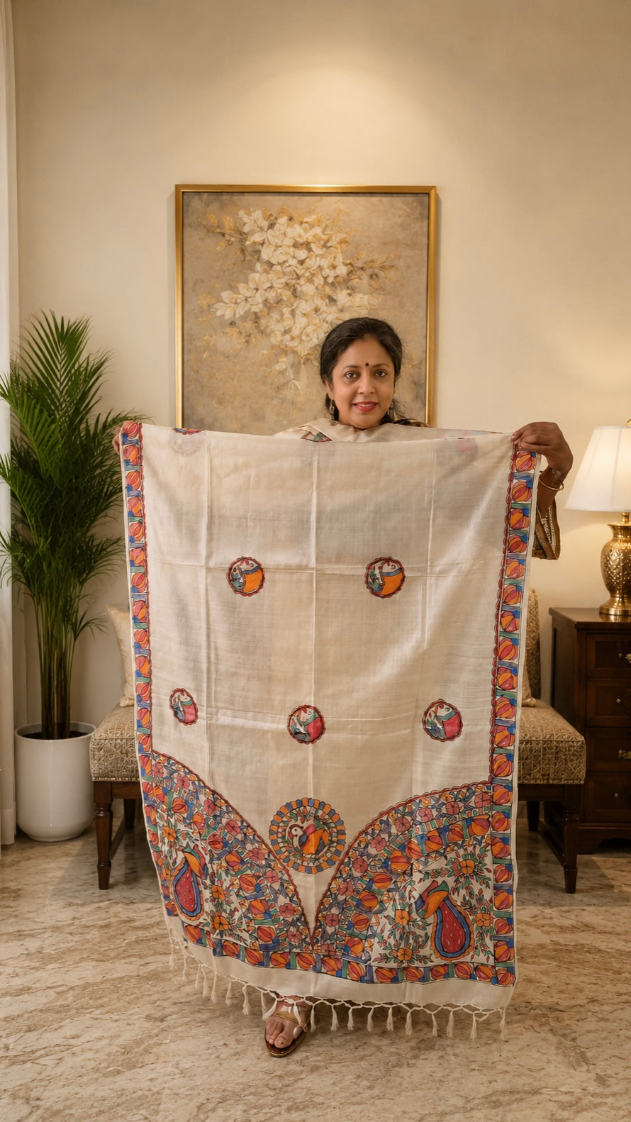 Natural Ivory Pure Tussar Silk Hand-Painted Madhubani Dupatta