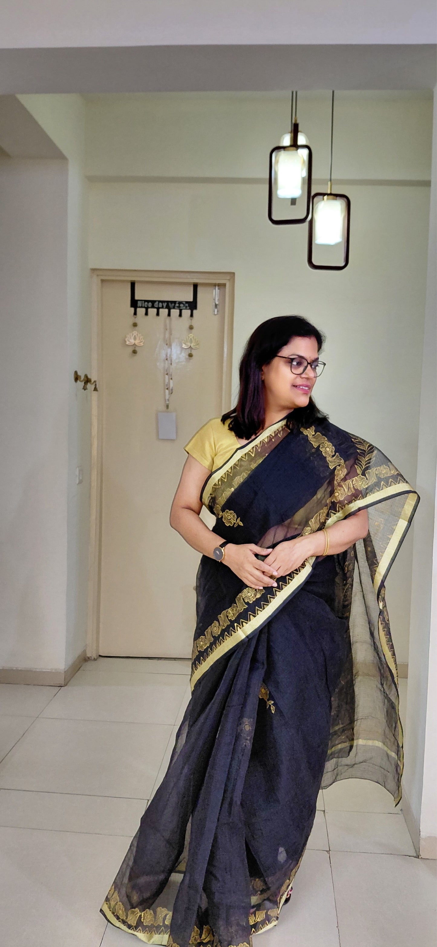 Black Radha Krishna Madhubani Kota Doria Saree