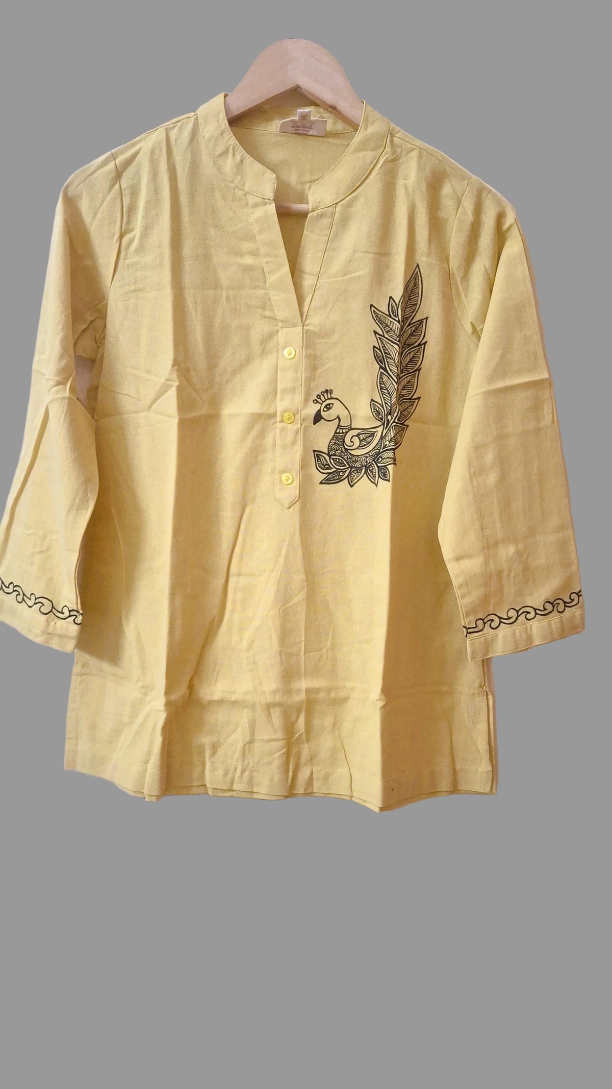 Butter Yellow Pure Cotton Hand-Painted Madhubani Nature Motif Short Kurta