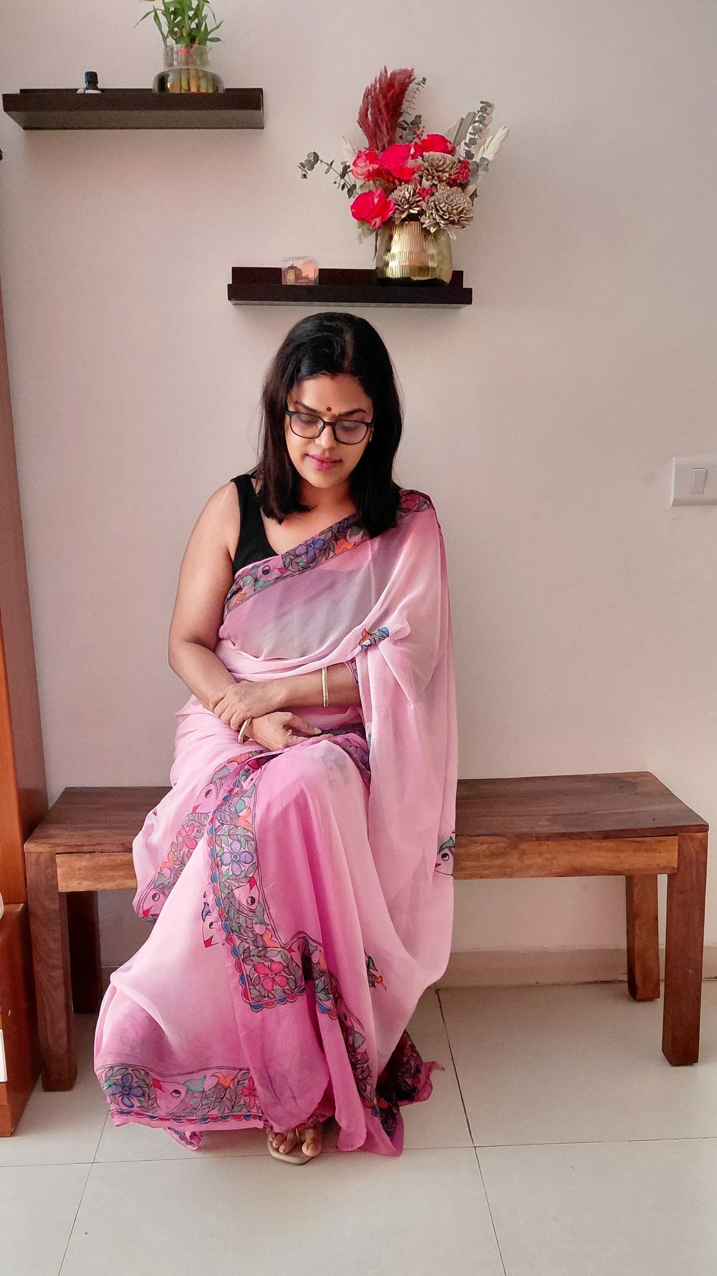 Orchid Pink Pure Chiffon Floral Fish Madhubani Hand-Painted Saree