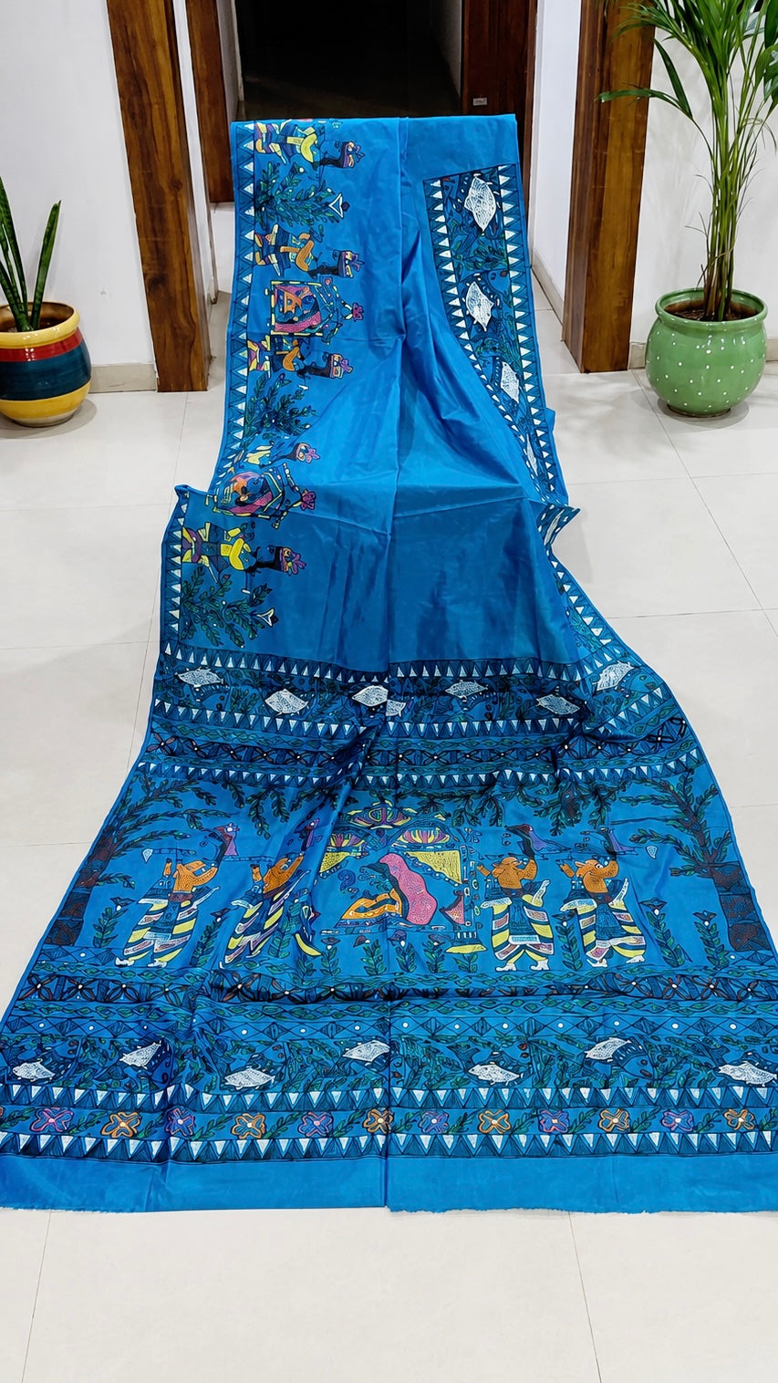 💠Turquoise Blue Pure Silk Madhubani Saree
