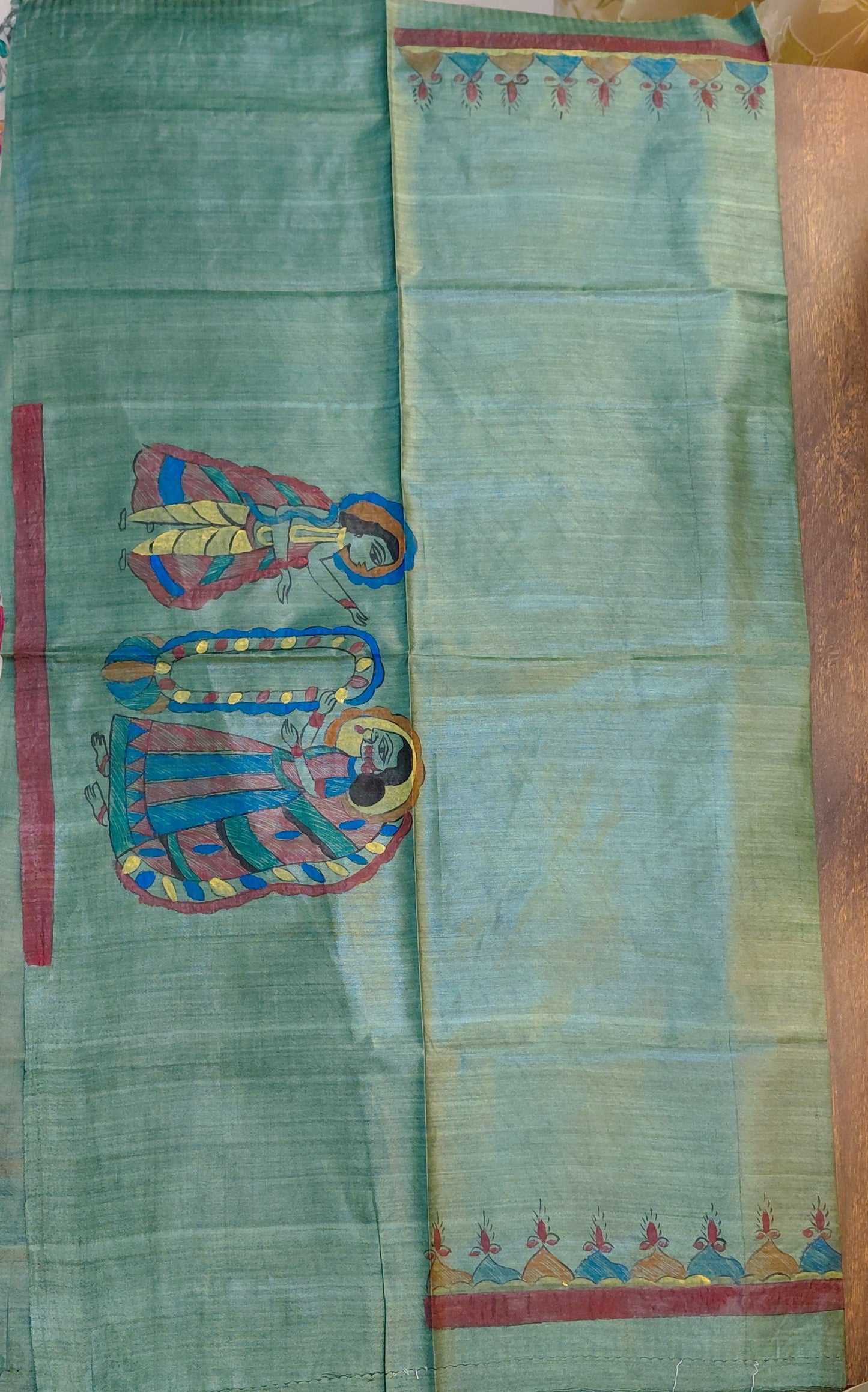 Ivory Tussar Silk Madhubani Saree | Rangika Studio