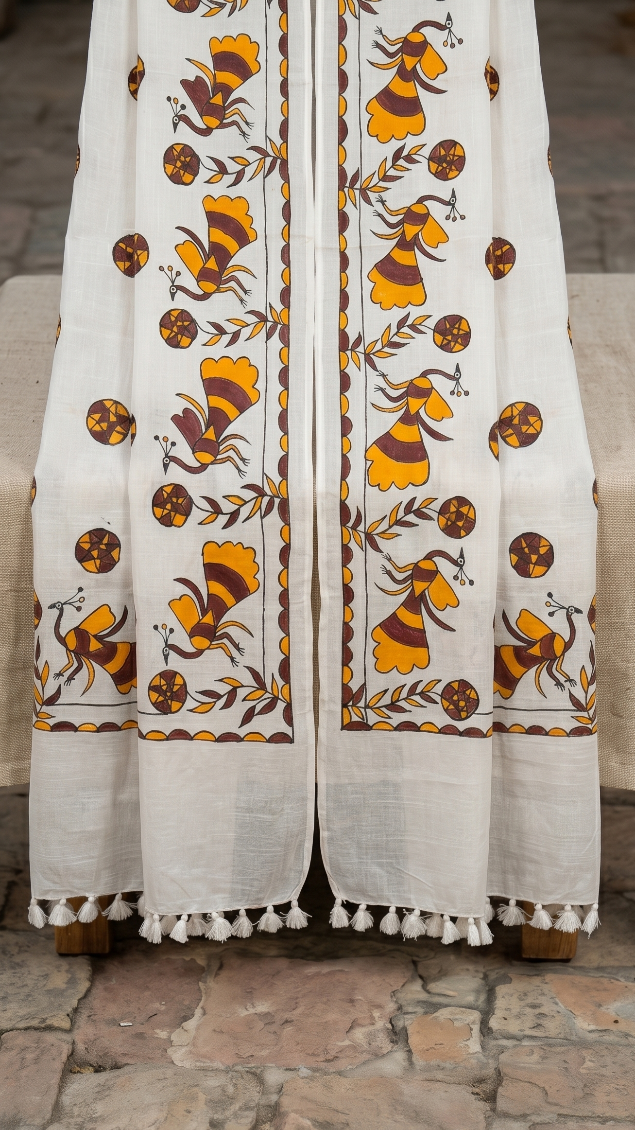 Hand-Painted Sohrai Art Cotton Dupatta – Folk Peacock Panel in White