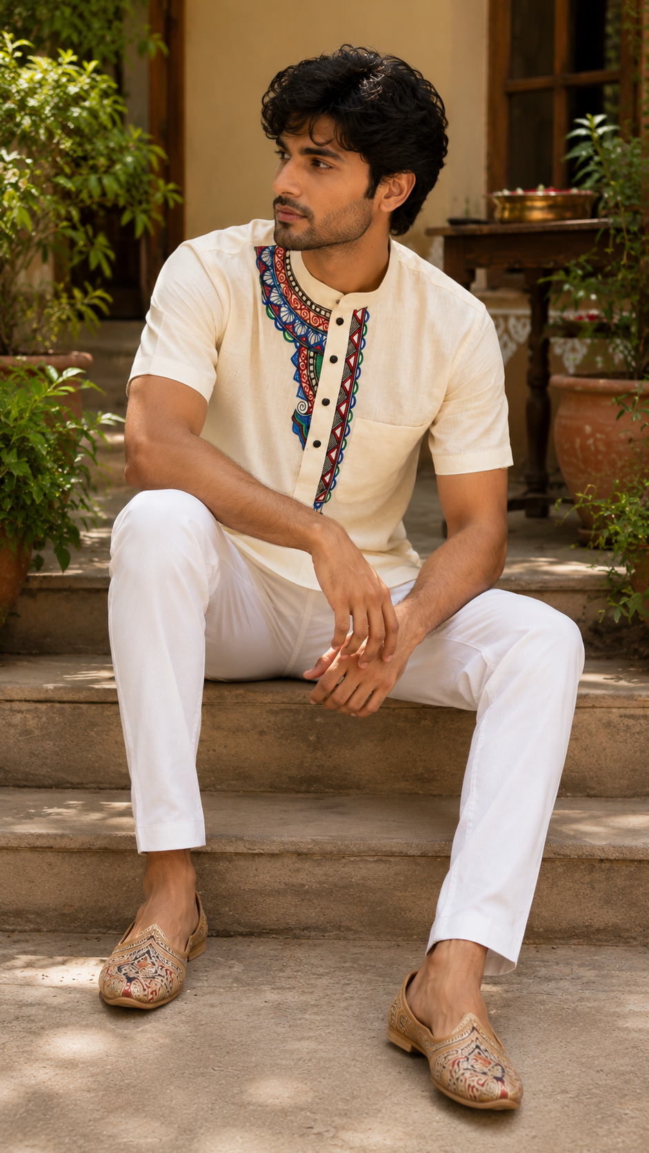 Hand-Painted Madhubani Art Men's Short Kurta • Cream • Linen-Cotton