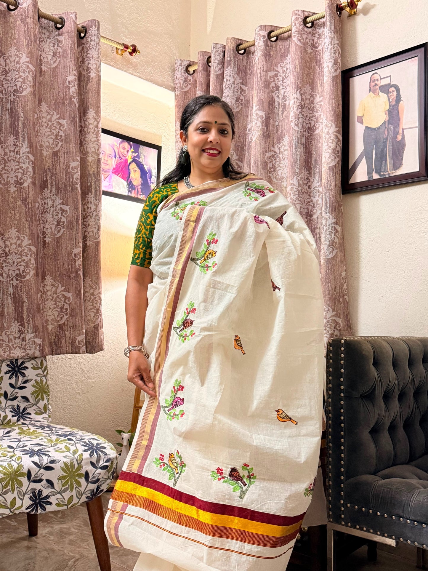 Sujni Art Embroidered Birds Kerala Cotton Saree | Rangika Studio