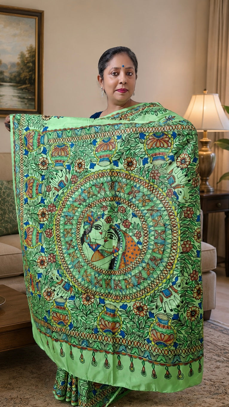 Mint Green Pure Silk Madhubani Saree | Rangika Studio