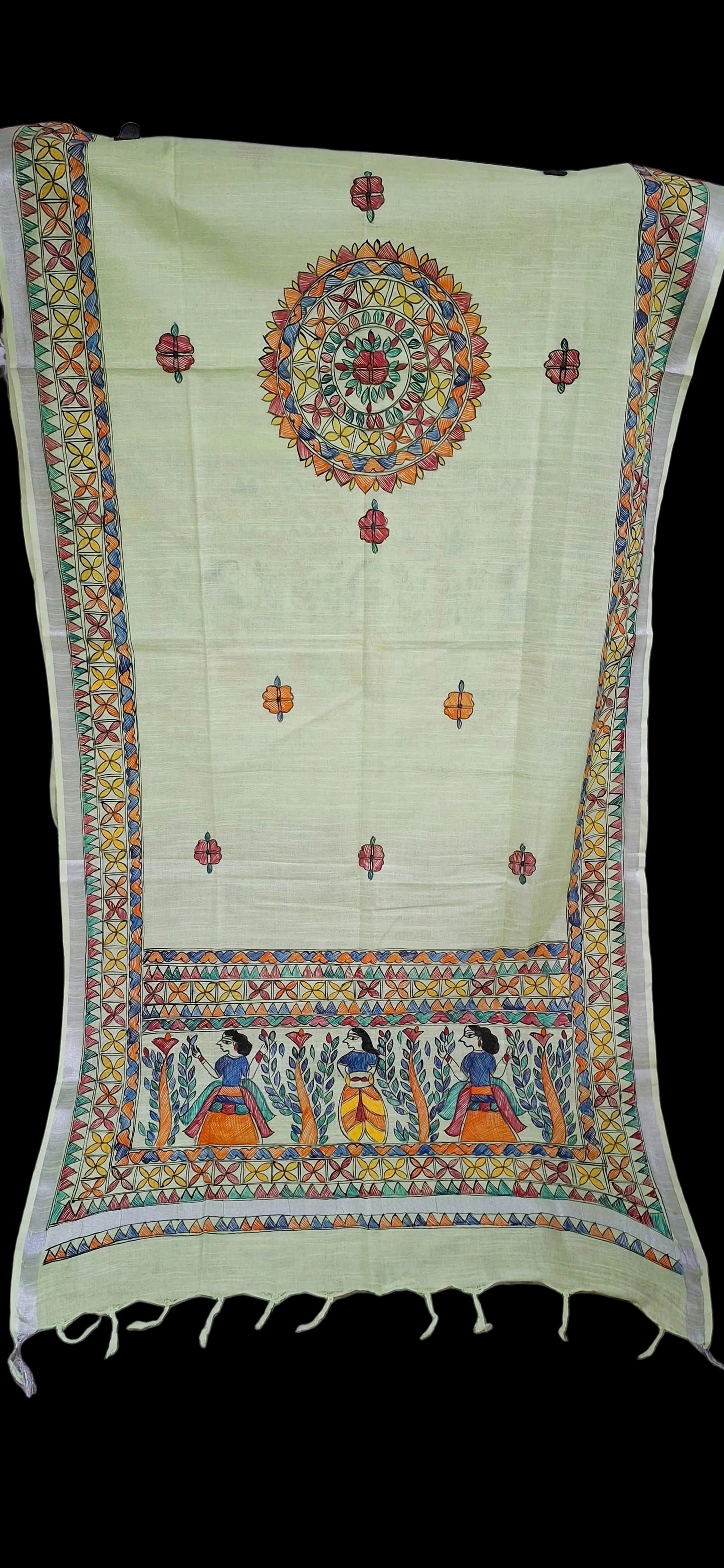 Green cotton dupatta with hand-painted Madhubani mandala and border detailing