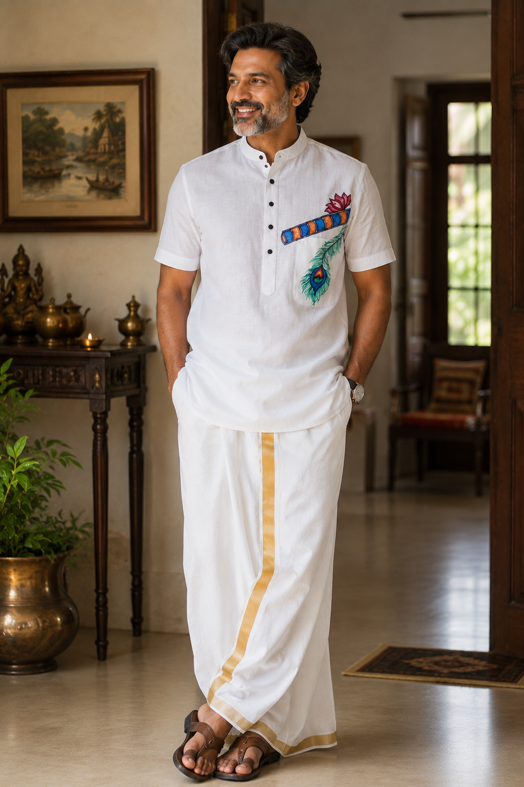 Hand-Painted Madhubani Art Men's Short Kurta • White • Linen-Cotton