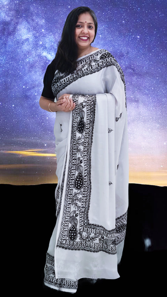 Grey Metallic Chiffon Madhubani Saree | Rangika Studio