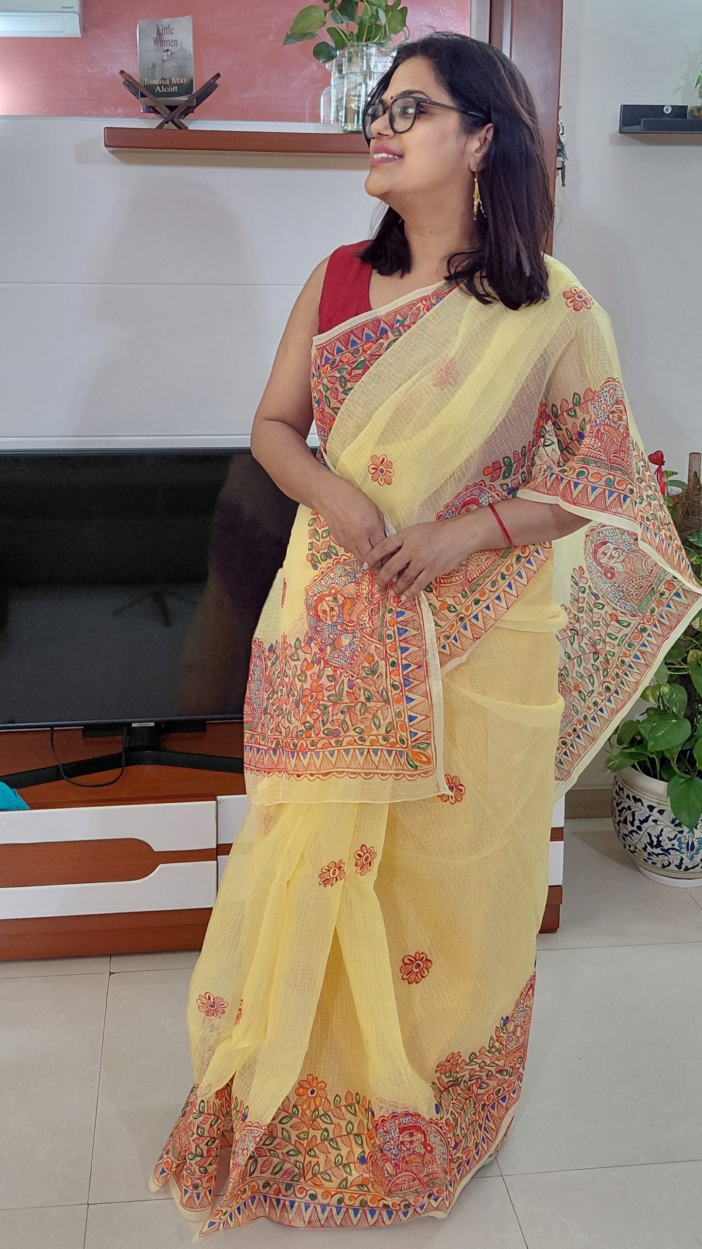 Soft Pastel Lemon Yellow Portrait Vines Madhubani Kota Doria Saree