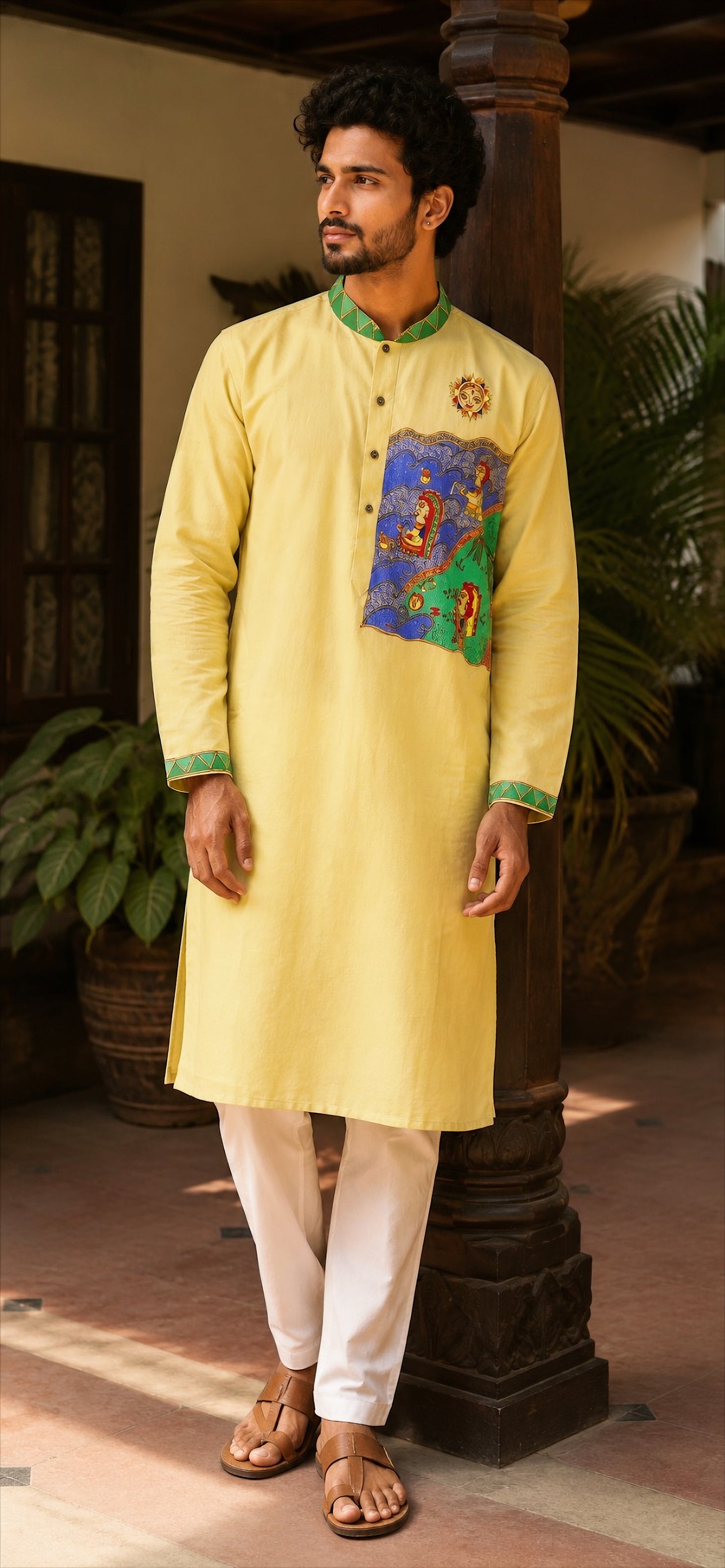 Soft Butter Yellow Linen-Cotton Madhubani Kurta Pyjama Set – Chhath Parv Theme