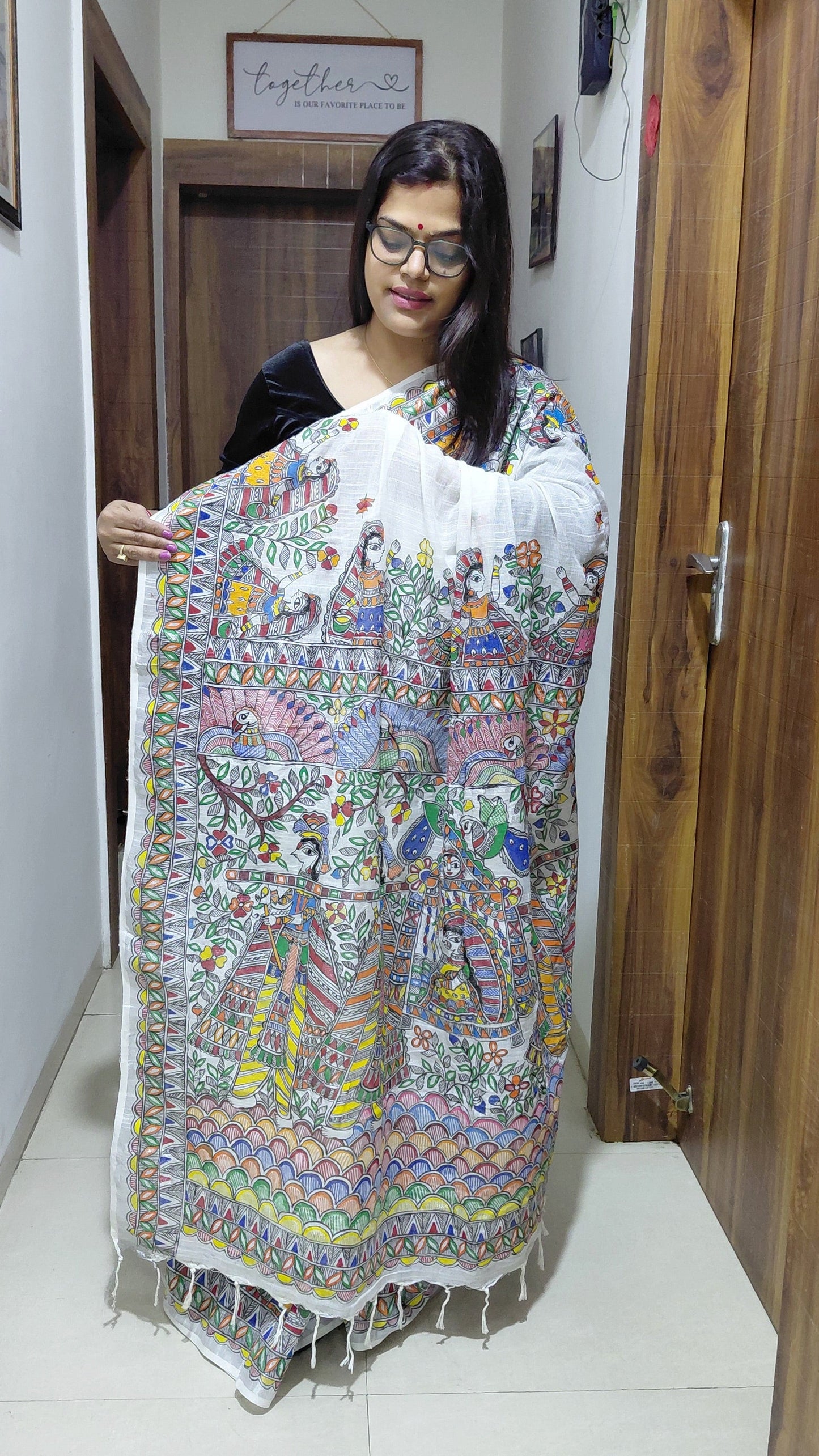 Ivory Linen Madhubani Saree | Rangika Studio
