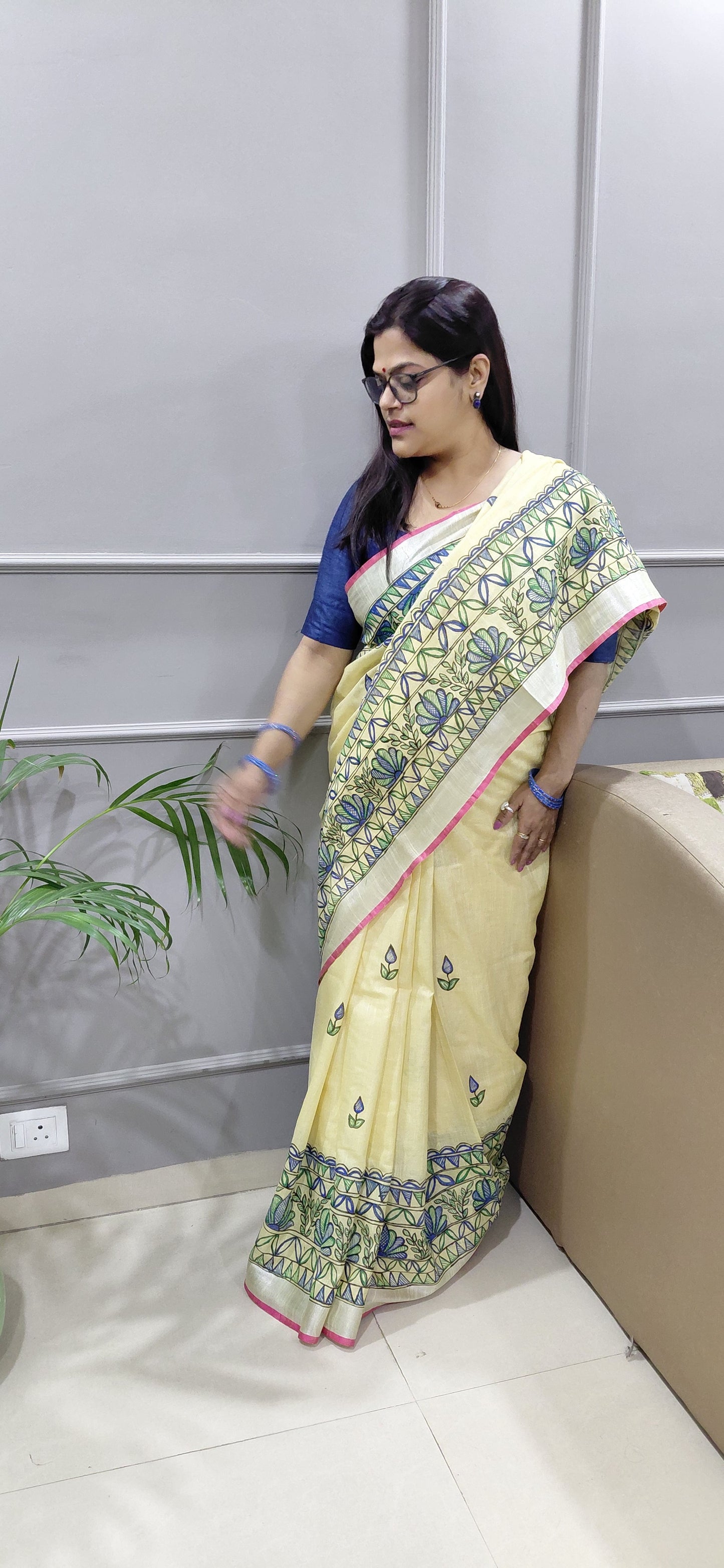 Vanilla Linen Madhubani Saree | Rangika Studio