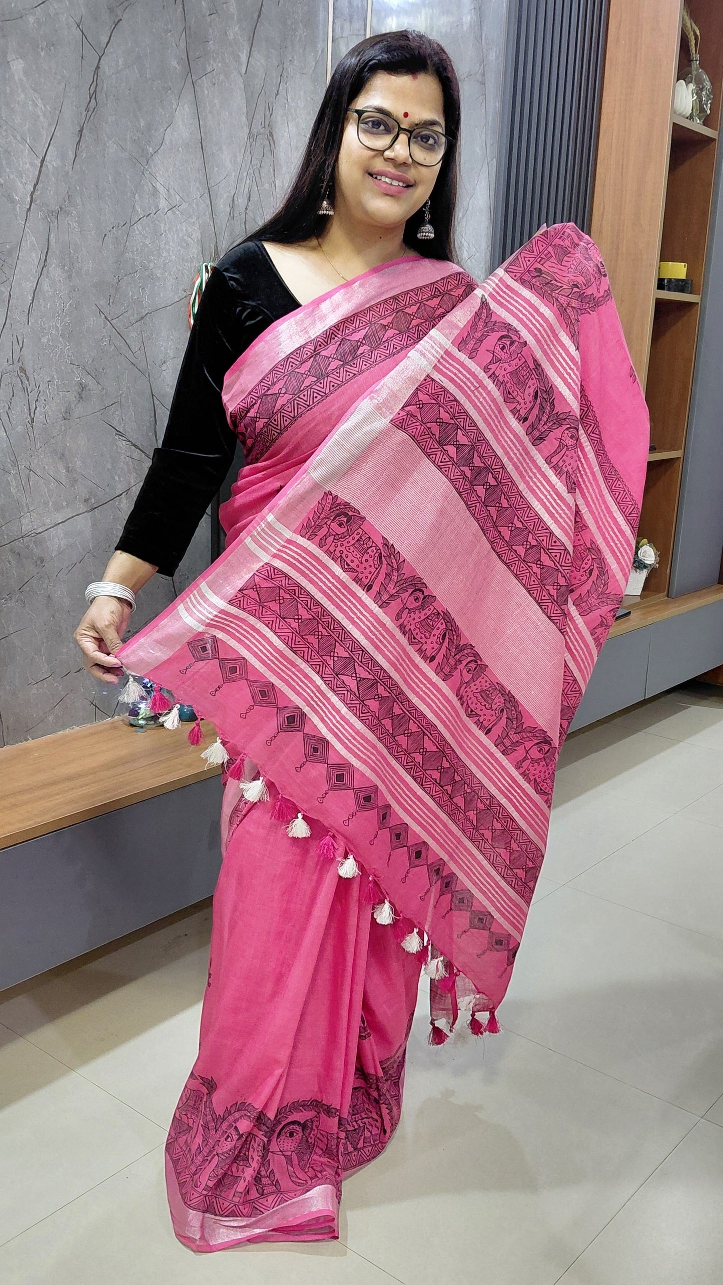 🐘Soft Pink Linen Madhubani Saree | Rangika Studio