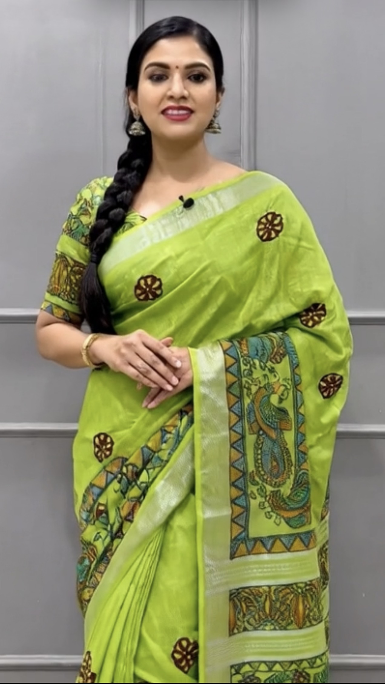 Parrot Green Linen Cotton Saree with Blouse - Peacock & Floral Motifs Hand Painted Madhubani Art