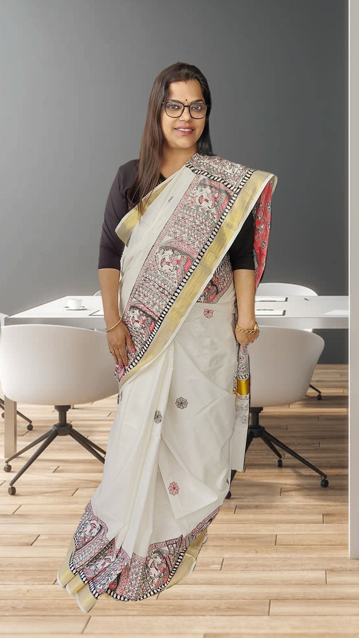 Ivory Kasavu Cotton Madhubani Saree | Rangika Studio