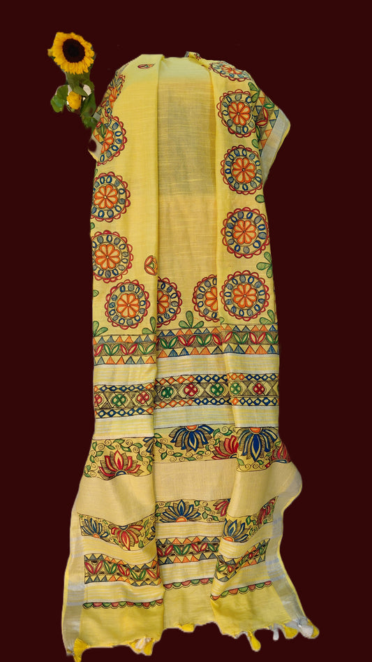 Lemon Yellow Linen Cotton Saree with Blouse - Floral Motifs Hand Painted Madhubani Art