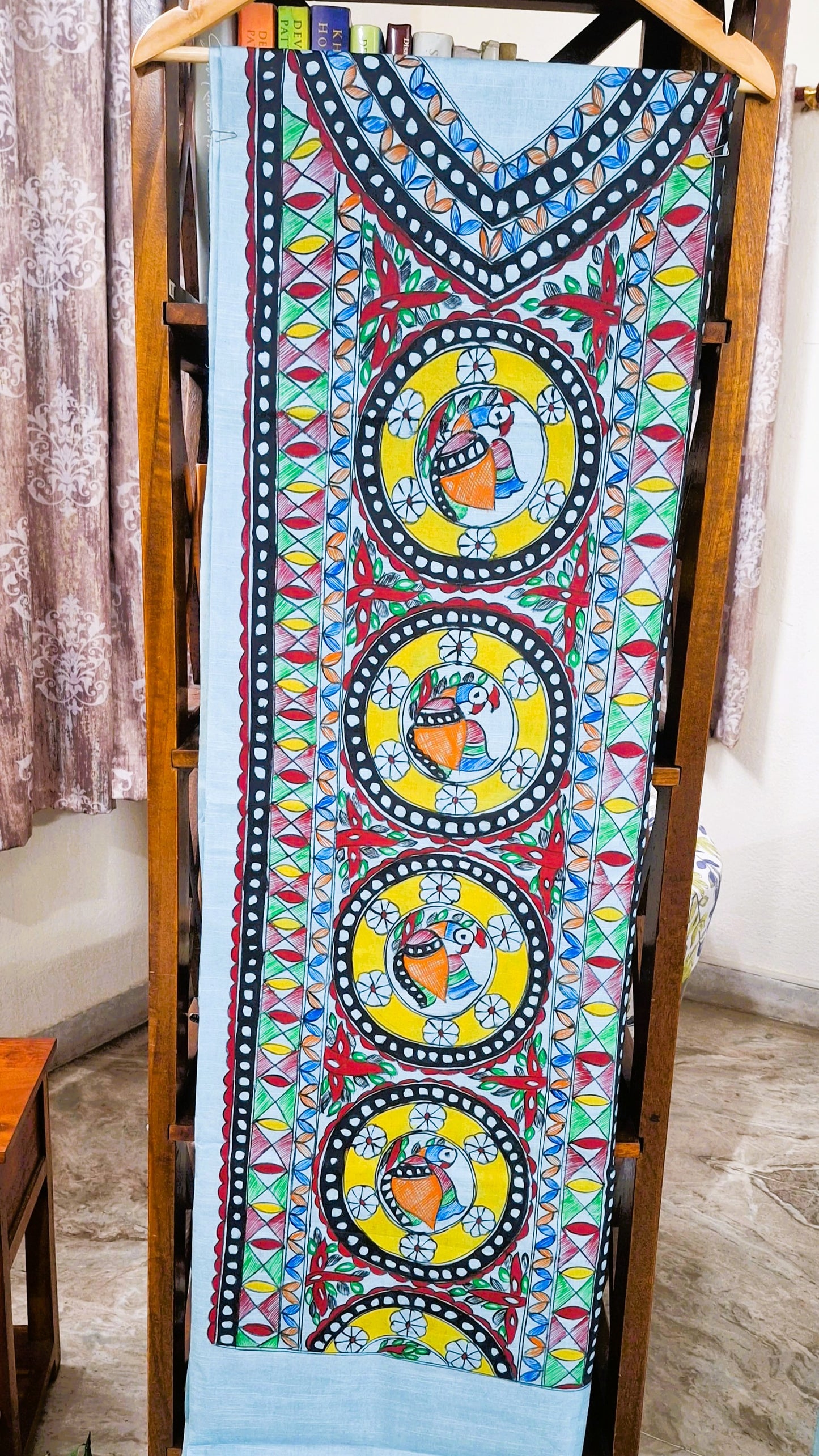 Light Blue 3Pc Suit set Kurta hand painted madhubani paint