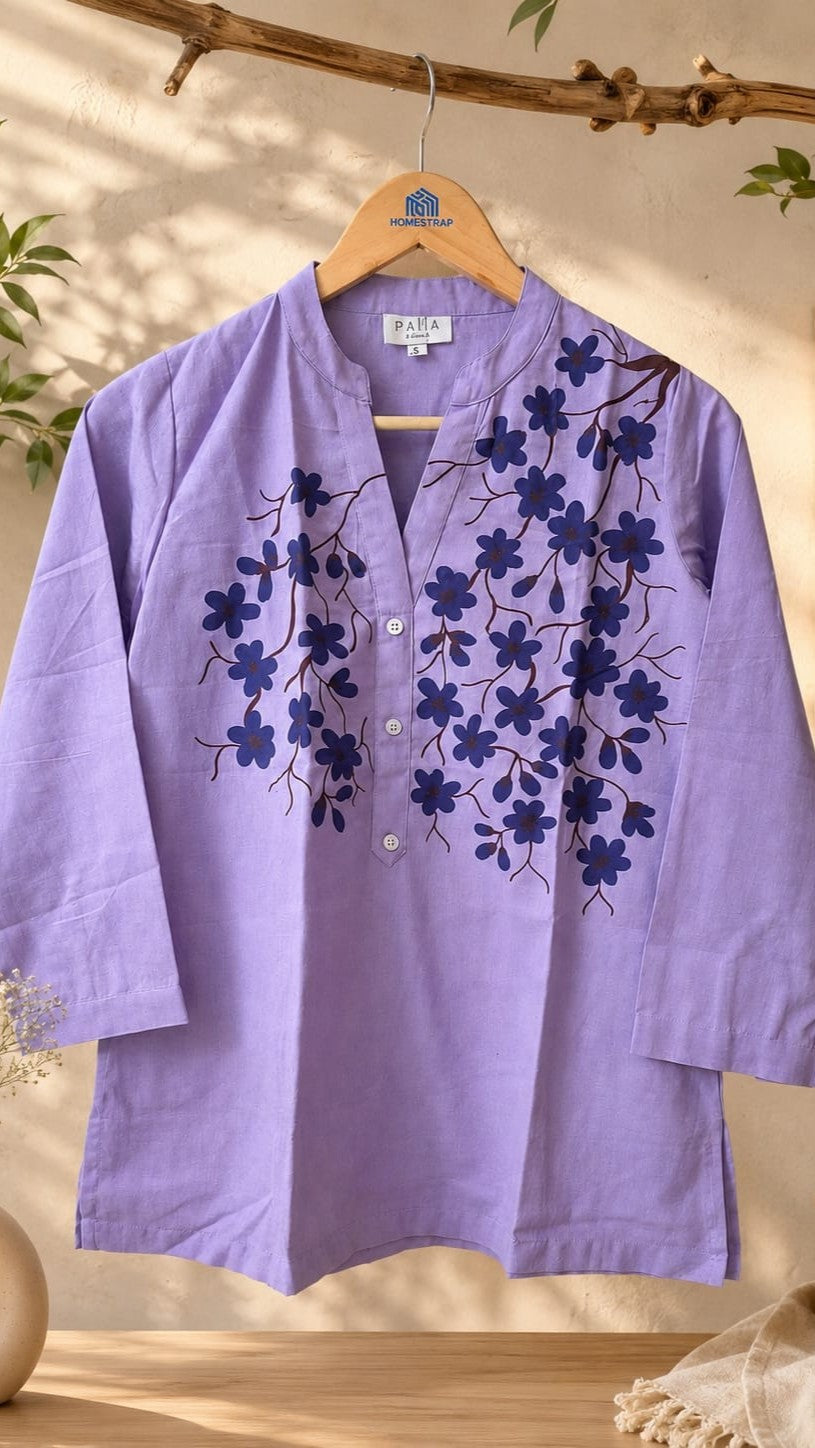 Lavender Pure Cotton Hand-Painted Madhubani Floral Short Kurta