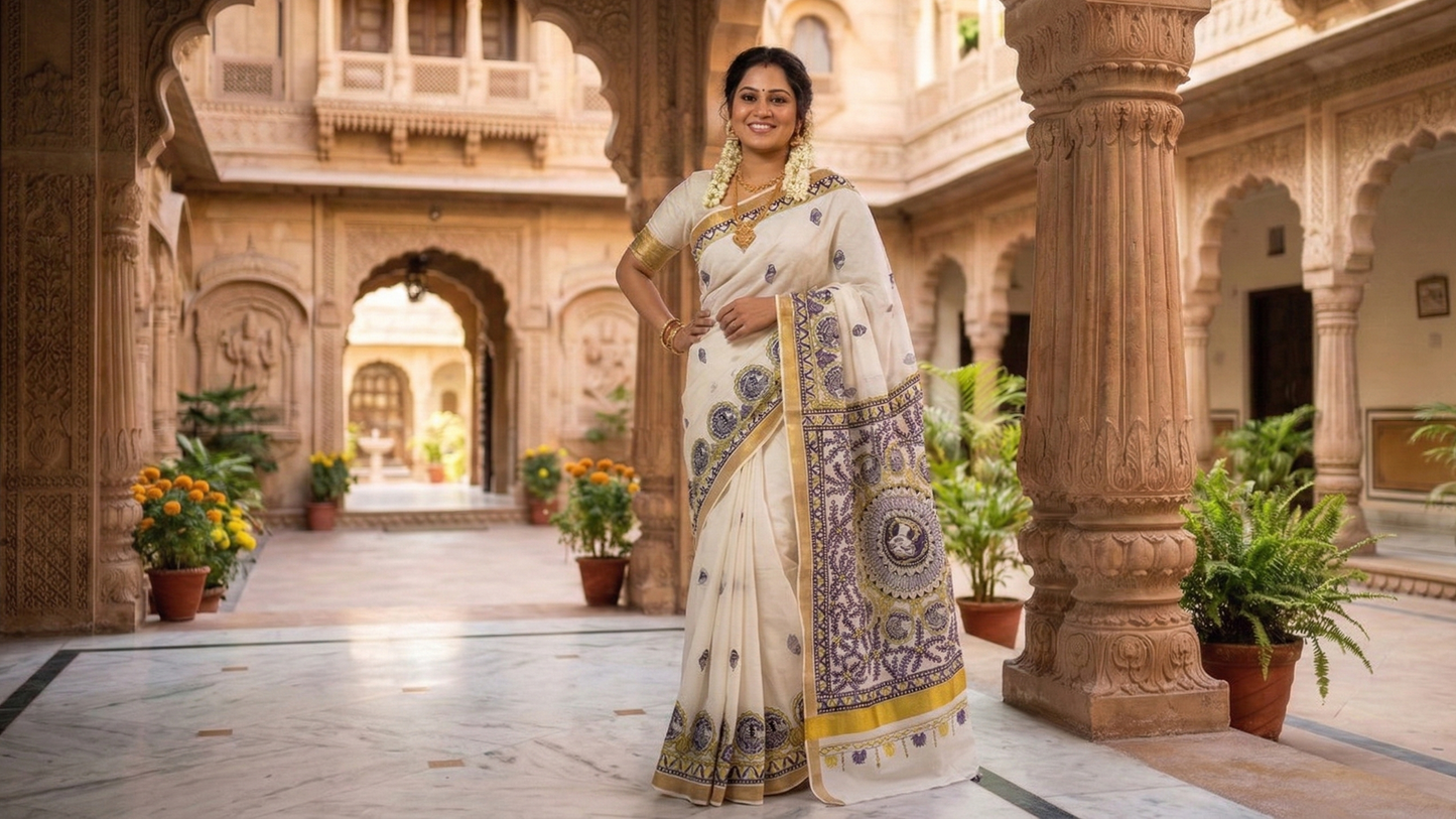 🪙 Ivory Kasavu Cotton Madhubani Saree | Rangika Studio