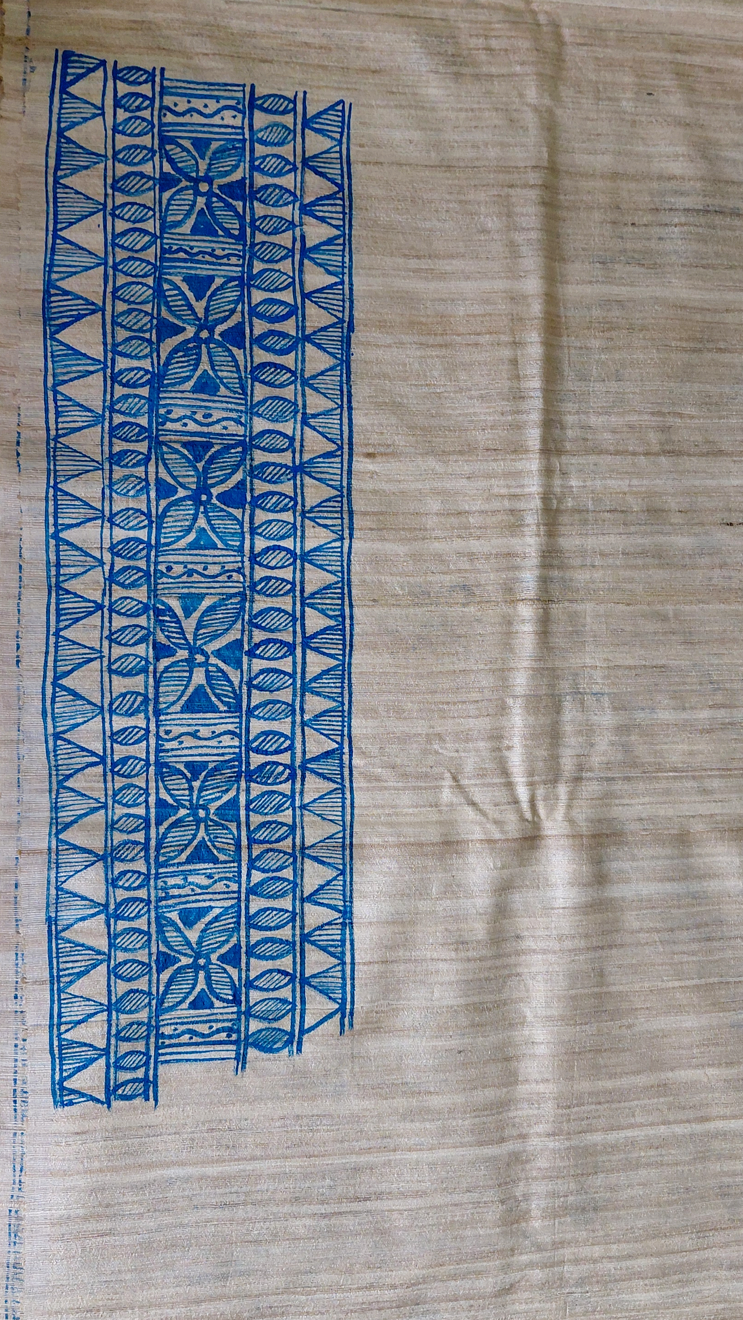 Natural Tussar Ghicha Silk Saree with Monochrome Blue Madhubani Hand Painting