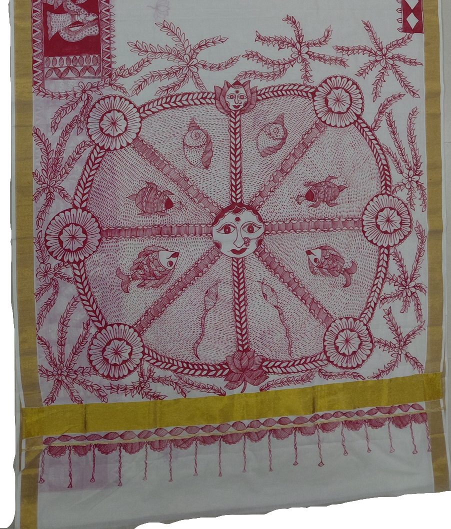 ⭐Ivory Kasavu Cotton Madhubani Saree | Rangika Studio