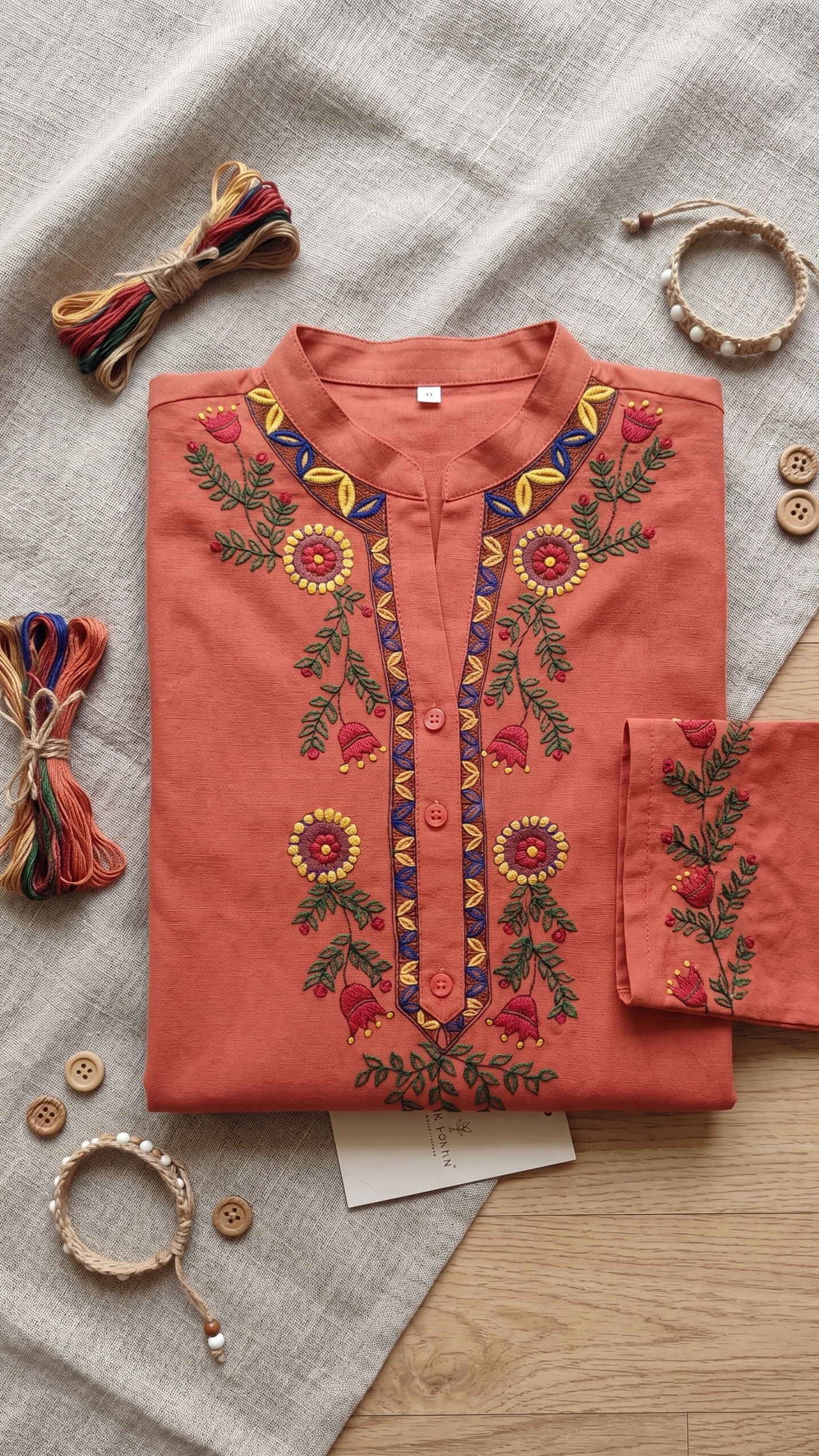 Terracotta Rose Hand-Painted Madhubani Cotton Kurta | Rangika Studio