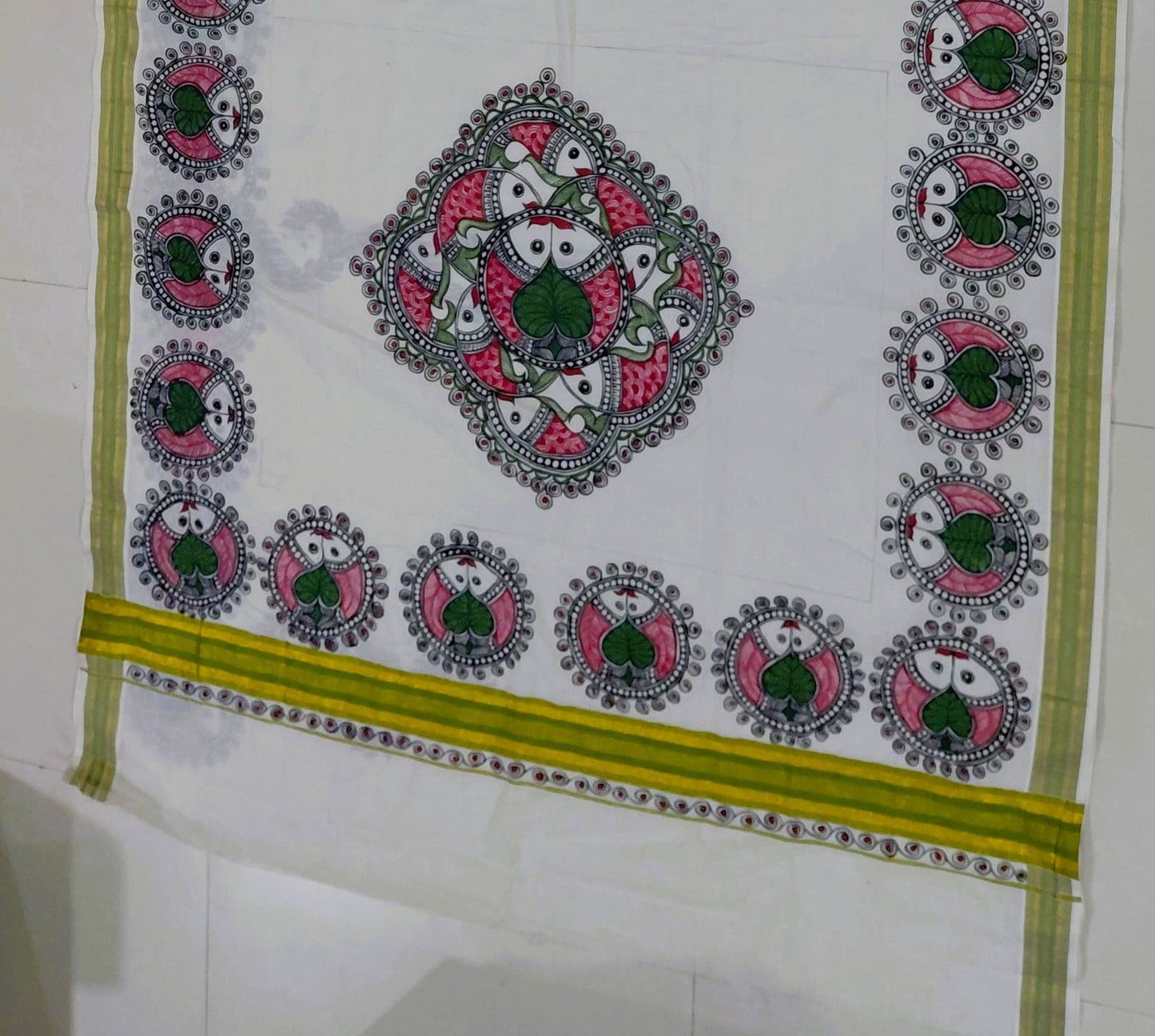 Ivory Kasavu Cotton Madhubani Saree | Rangika Studio