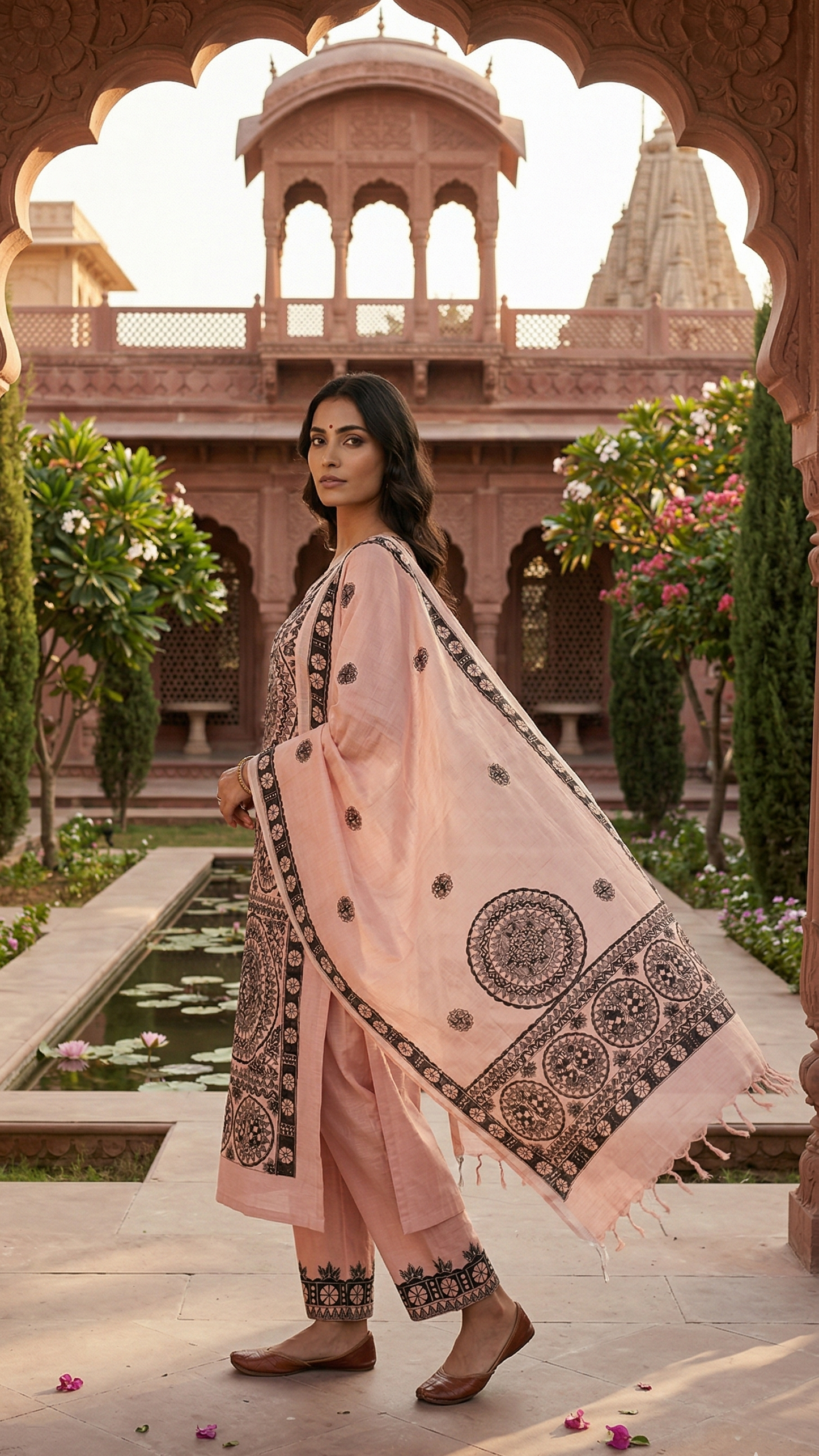 Hand-Painted Madhubani Cotton Suit Set – Blush Pink | 3-Piece Unstitched