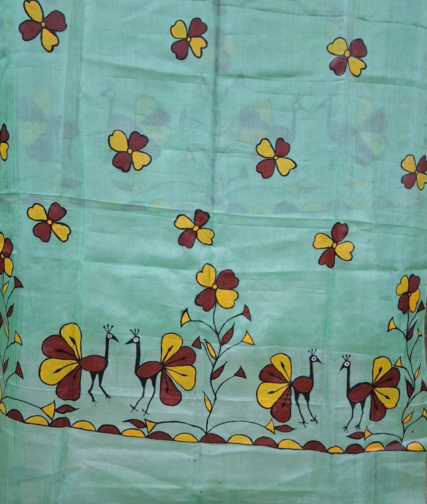 Hand-Painted Sohrai Art Pure Tussar Silk Dupatta – Floral Bird Motif in Mint Green