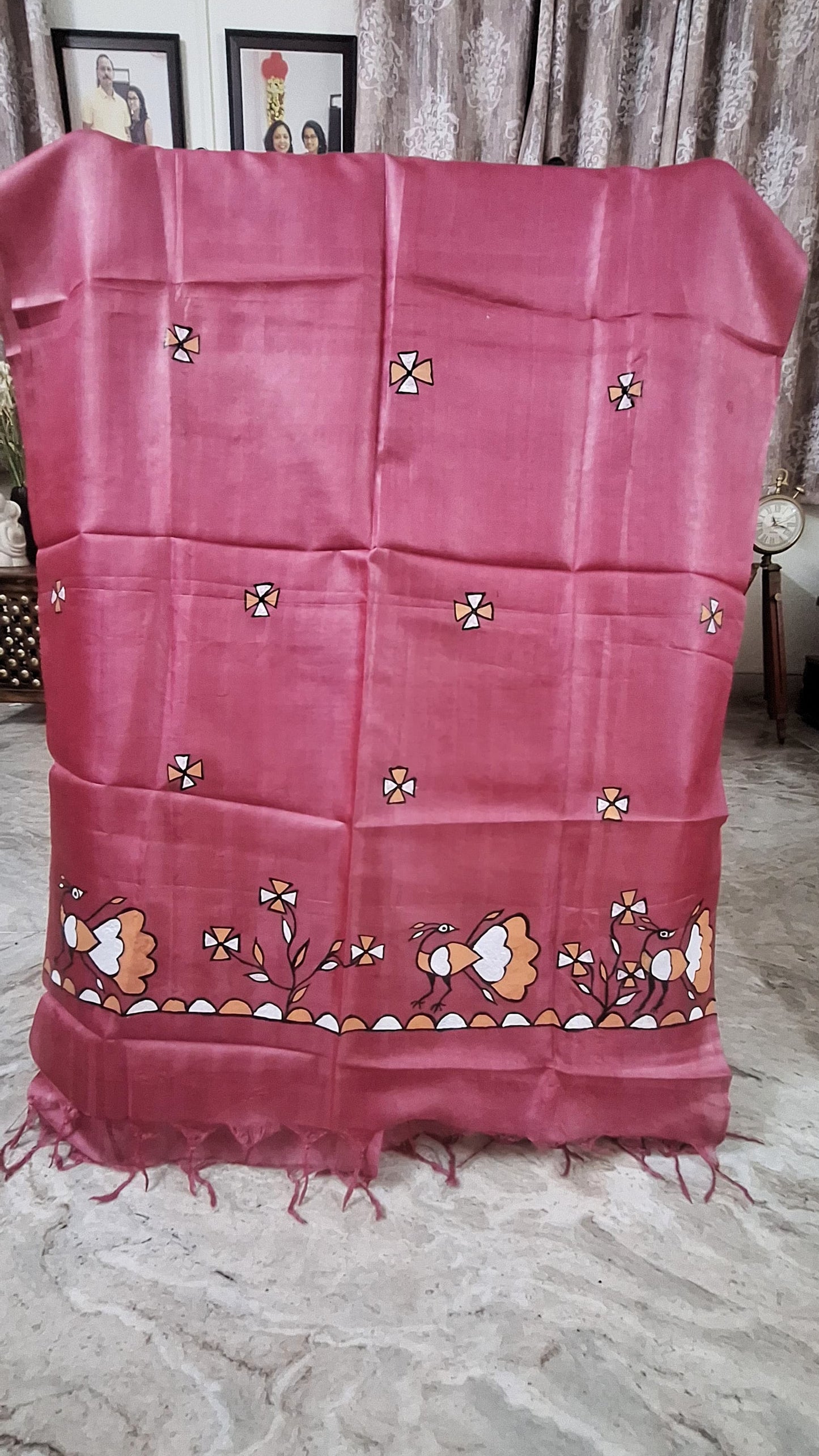Hand-Painted Sohrai Art Pure Tussar Silk Dupatta – Folk Bird Border in Deep Rose Pink