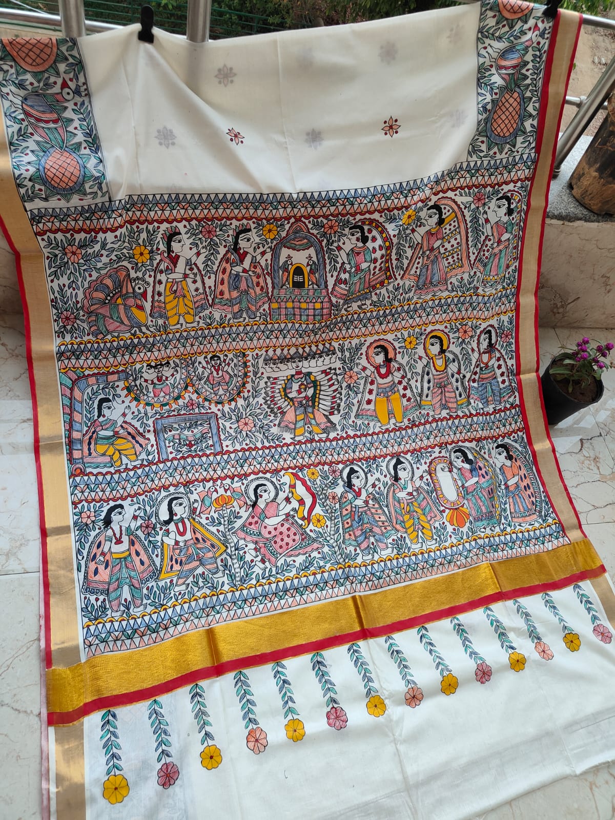 Ivory Kasavu Cotton Madhubani Saree | Rangika Studio