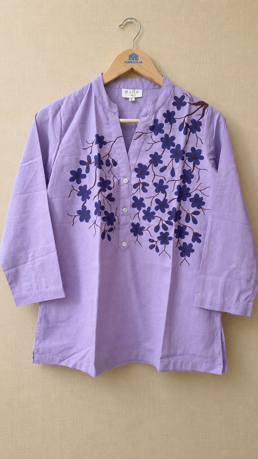 Lavender Pure Cotton Hand-Painted Madhubani Floral Short Kurta