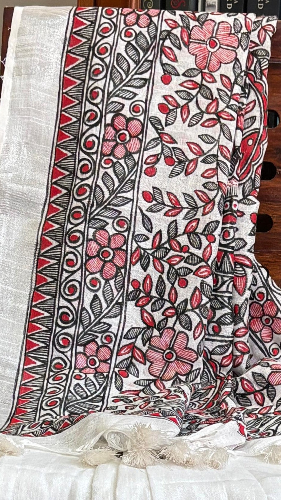 White Linen Madhubani Saree | Rangika Studio