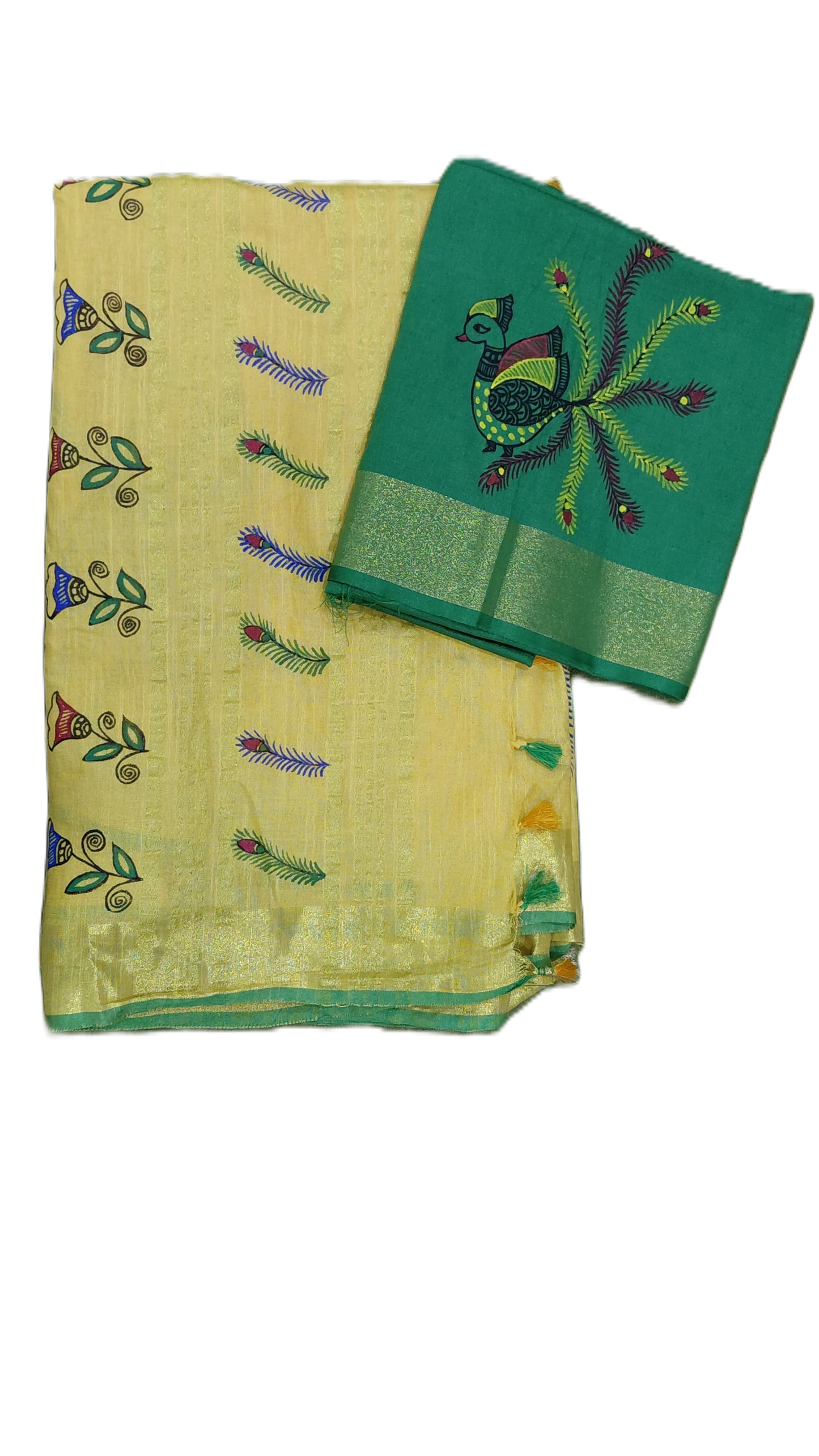 Hand painted Madhubani art yellow linen saree with green blouse piece