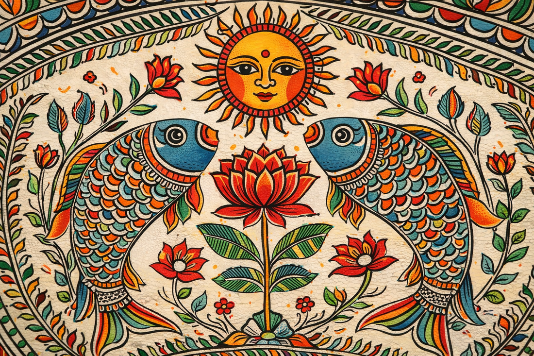 Sacred Madhubani painting showing fish, lotus and sun motifs from Mithila art tradition