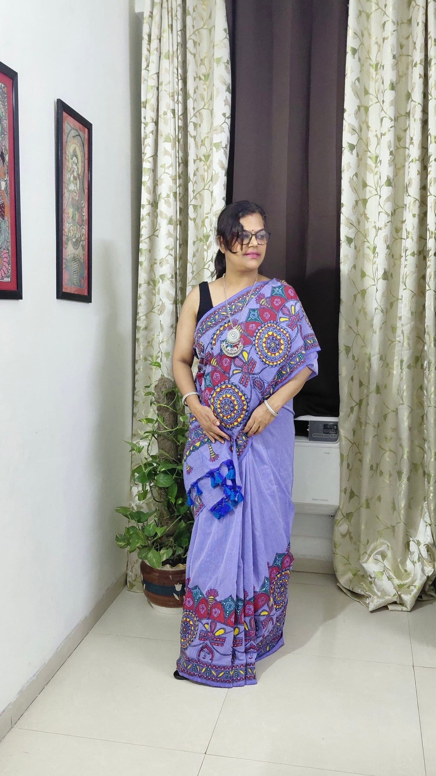 Lavender Khadi Cotton Madhubani Hand-Painted Saree – Mandala & Dragonfly