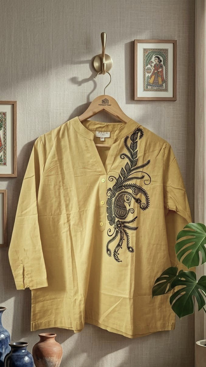 Butter Yellow Pure Cotton Hand-Painted Madhubani Nature Motif Short Kurta