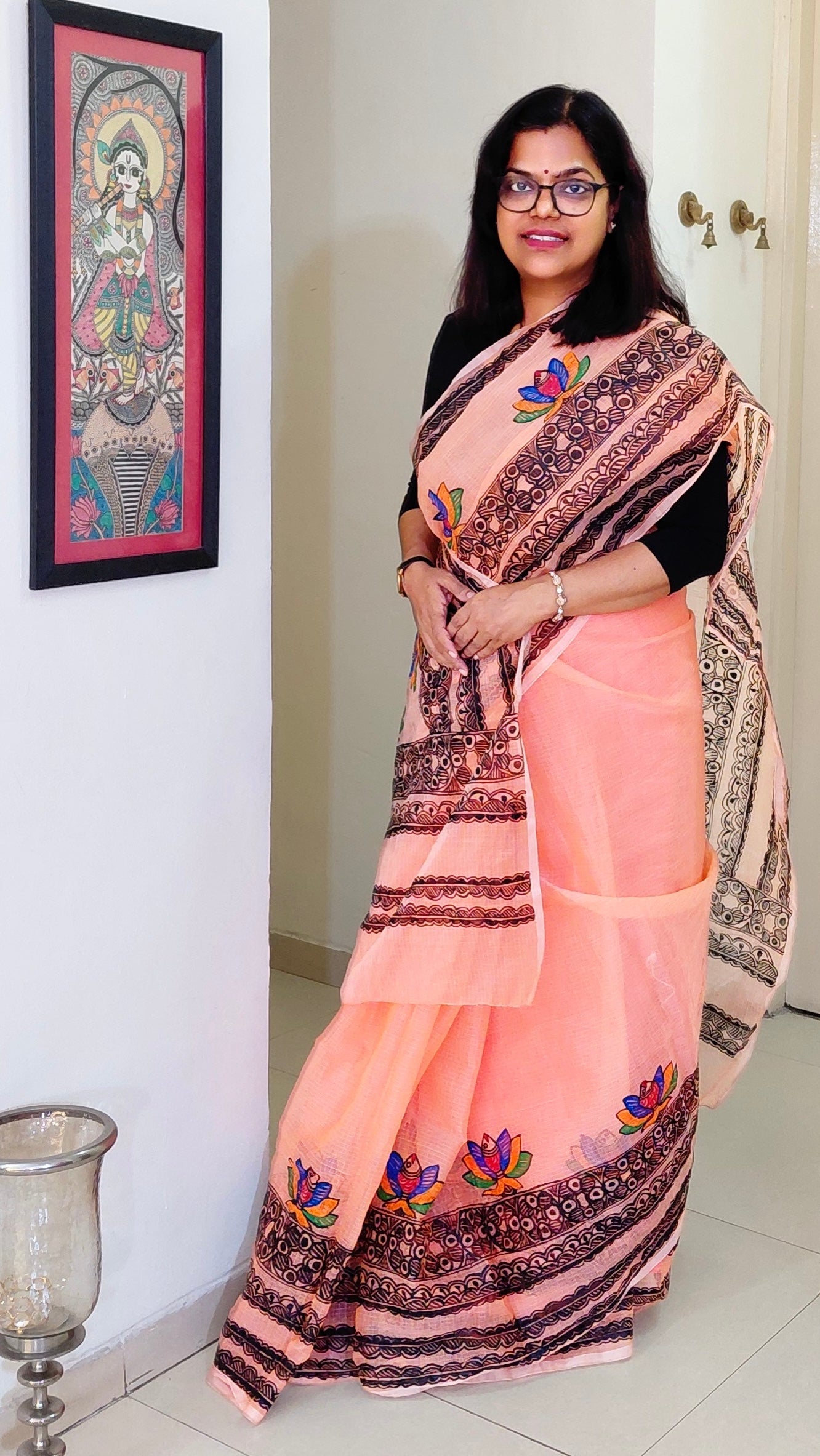 Blush Peach Lotus Bloom Madhubani Kota Doria Saree
