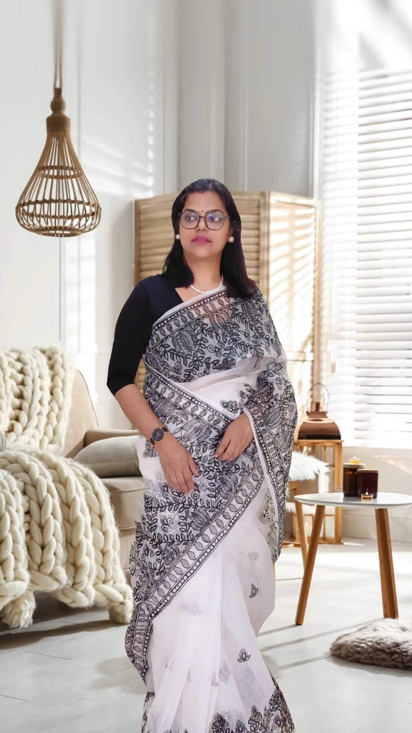 Ivory Monochrome Madhubani Kota Doria Saree
